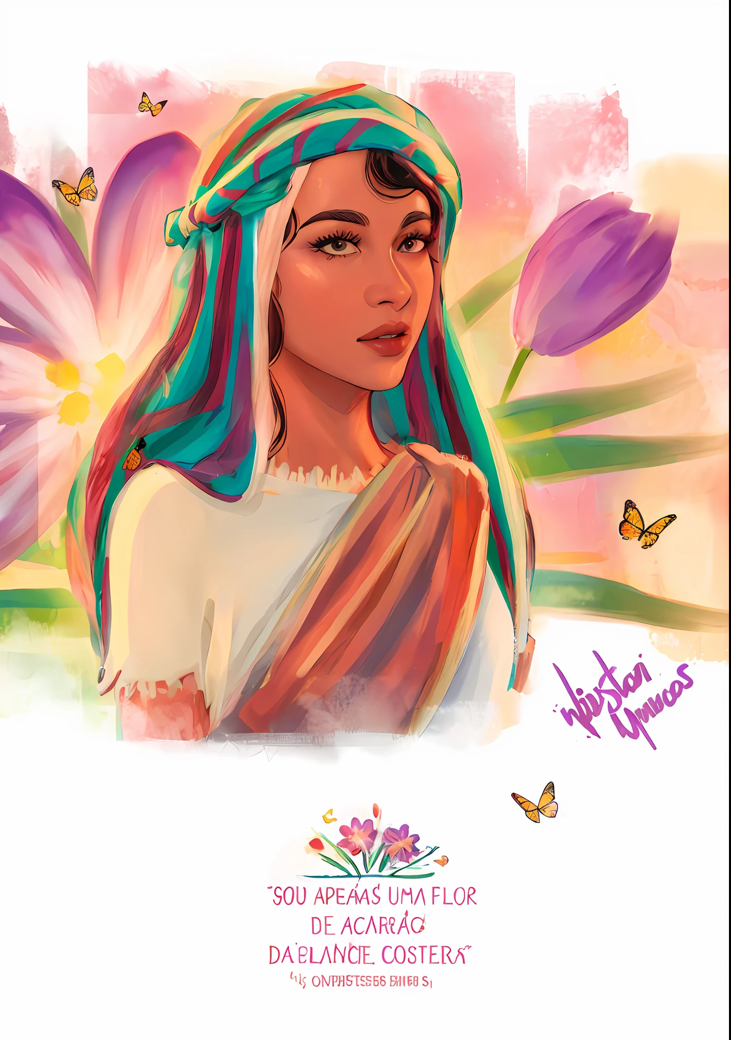 um desenho de uma mulher com um turbante e uma borboleta, color digital illustration,