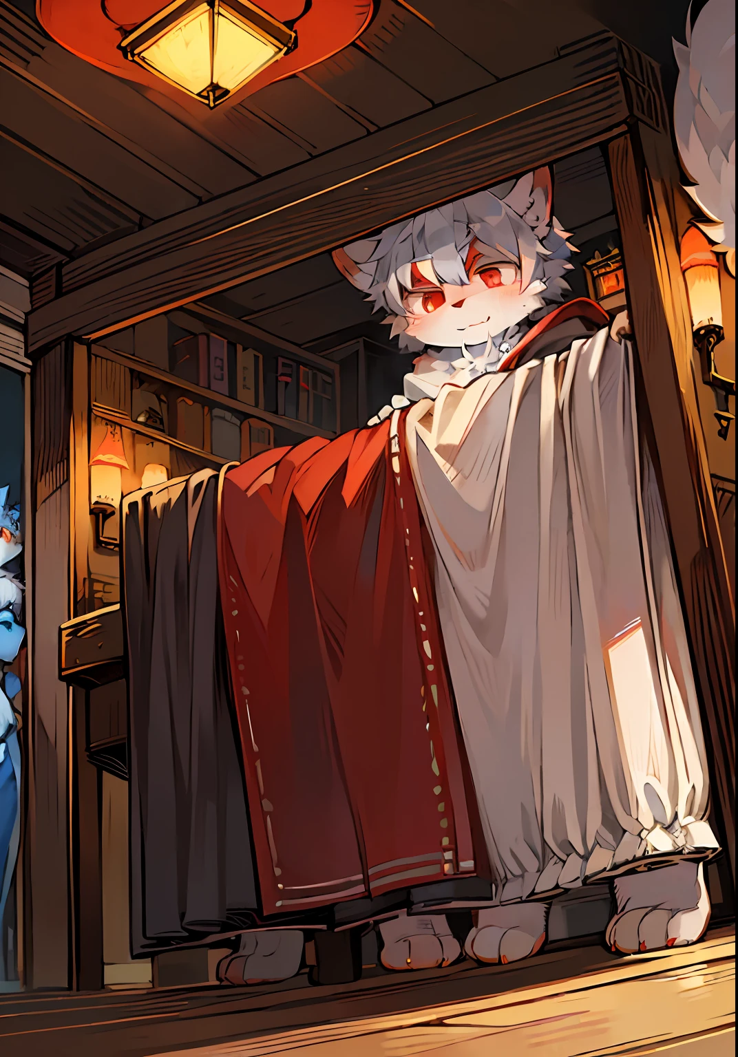 (ambiente dark:0.8),masterpiece,high quality,abstract res,digital painting\(artwork\), by dagasi, yupa,kiyosan,(anthro,fluffy fur,character focus:1.1),anthro male cat,short hair,portrait , eyes with brightness, in a panoramic view, Character focus.(detailedbackground:0.7), 独奏, shaggy, shaggy male, malefocus, anthr,(Full Body Furry, Fluffy tail, White fur, red color eyes, Gray hair:1.2), (long canines、Vampires、cloaks:1.2),(interiors、the night、borgar、casket:1.1)The blue fur has white spots