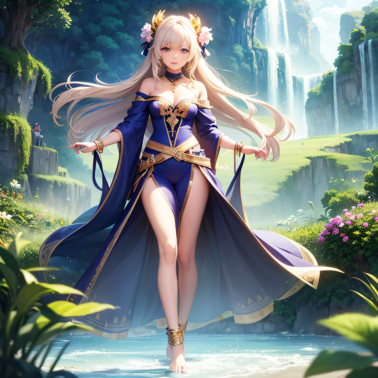 (masterpiece, best quality, beautiful anime art:1.4) unusual_fantasy_world, 1girl, medium_shot, mysterious_expression, standing_on_floating_island, birdseye_view, magical_glow, dreamy_pastels, ethereal_hues, floating_islands, waterfalls, lush_vegetation, whimsical, enchanting, flowing_robes, elaborate_accessories, decorative_anklets, bare_feet, elaborate_updo, colorful_hair_accessories, glowing_eyes, heterochromia, floating_crystals, flying_creatures, ethereal_landscape, fantasy_elements, mystical_aura, otherworldly_beauty, cinematic light, (sharp focus:1.6), highly detailed, ultra realistic, 8k