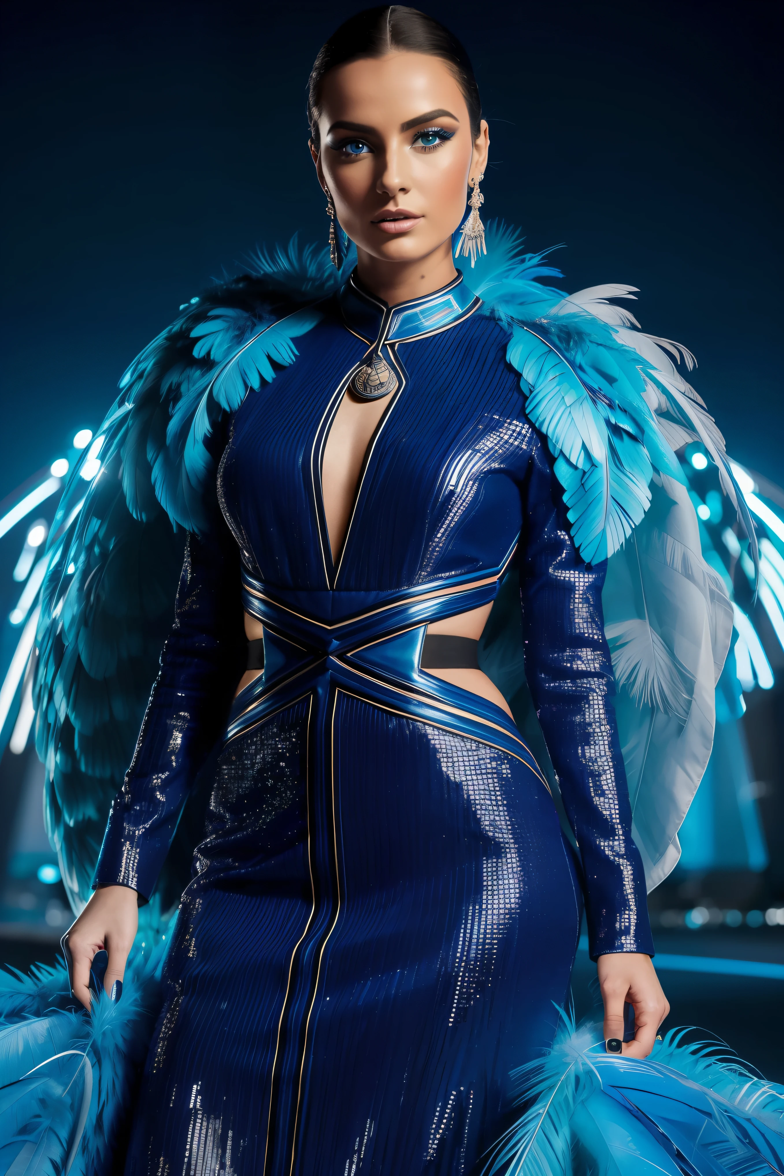 ((Retrato de cuerpo entero de Arafed Mujer con ojos azules y plumas azules en la cabeza, Retrato de mujer futurista, modelo en vestido de gala, revista Vogue)), futuristic woman Karol behind UHD, Aspecto futurista, Retrato futurista Model Woman, (fondo diurno ciudad futurista iluminado), Ultra HD, 8k, obra maestra