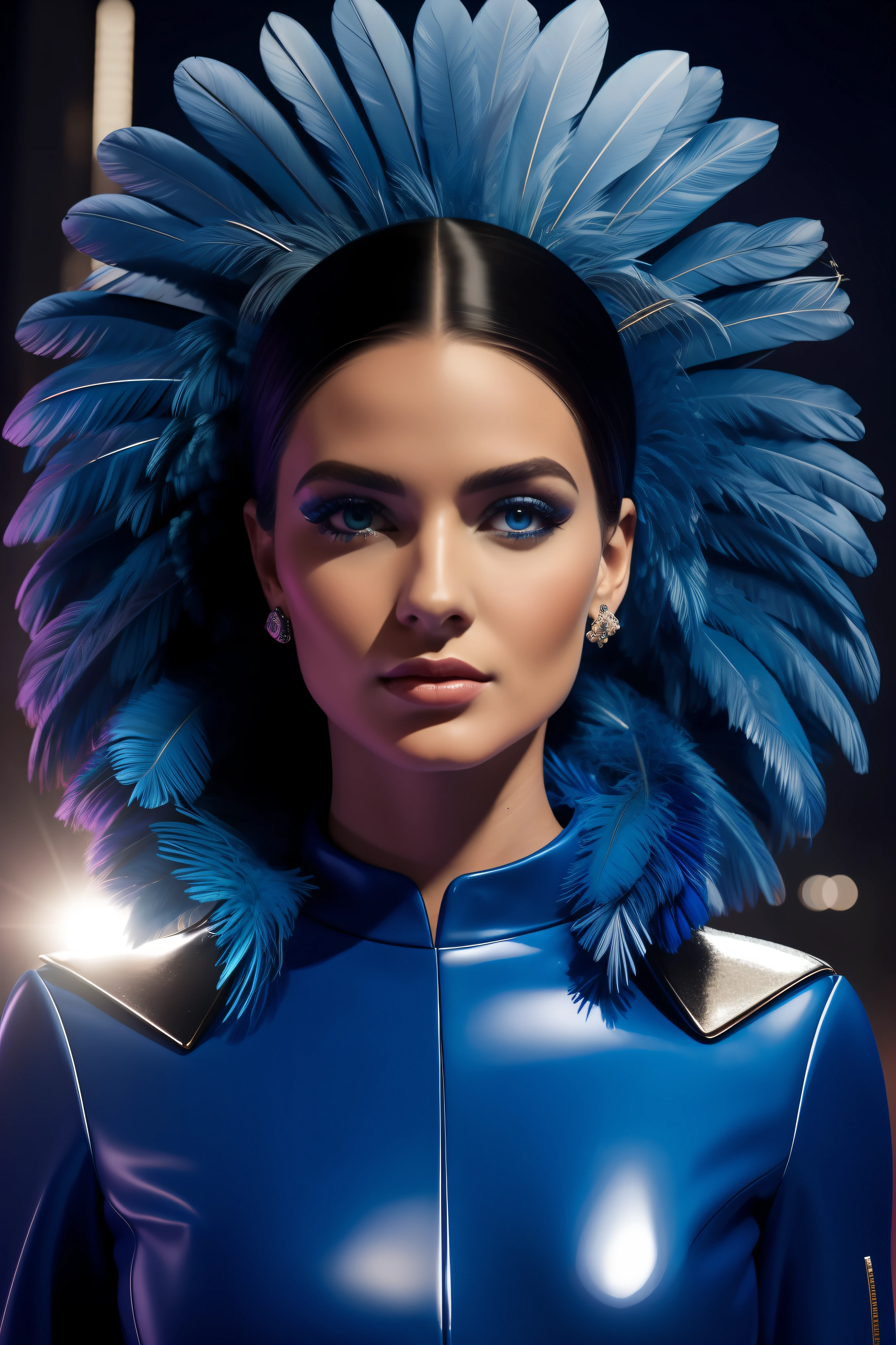 Retrato de cuerpo entero de Arafed Mujer con ojos azules y plumas azules en la cabeza, Retrato de mujer futurista, modelo  en vestido de gala, revista Vogue, futuristic woman Karol behind UHD, Aspecto futurista, Retrato futurista Model Woman, fondo diurno ciudad futurista iluminado, Ultra HD, 8k, obra maestra