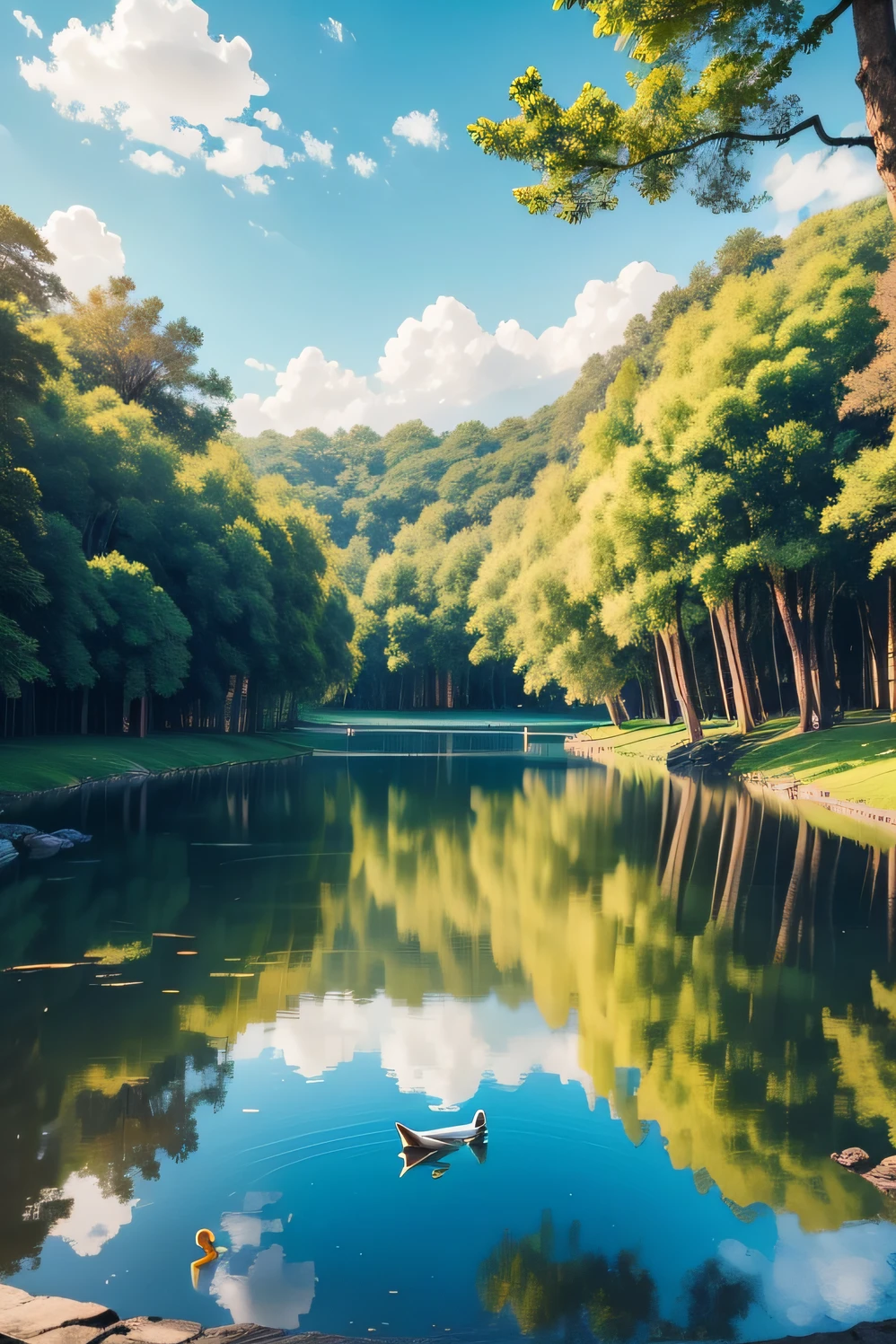A imagem retrata uma paisagem tranquila em um parque ensolarado. No centro, There is a majestic tree with wide branches and vibrant leaves that stretch towards the clear blue sky. The leaves of the trees are lightly swayed by a gentle breeze, criando um movimento suave. Around the tree, There is a small serene lake with crystal clear waters, onde patos nadam em perfeita sincronia. The reflection of trees and ducks is visible on the calm surface of the water. No gramado verdejante, existe um grupo de pessoas de diferentes idades, etnias e culturas, all seated in a circle. they're smiling, conversando e compartilhando momentos especiais juntas. Flores vibrantes e coloridas emolduram a cena, adicionando um toque extra de beleza e harmonia. A luz do sol suave ilumina a imagem, creating a warm and peaceful atmosphere.