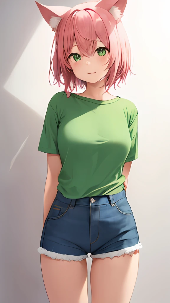 A Cute Girl With Pink Hair And With Cat Ears And A Green Shirt Wearing Denim Shorts With Hands Behind Back