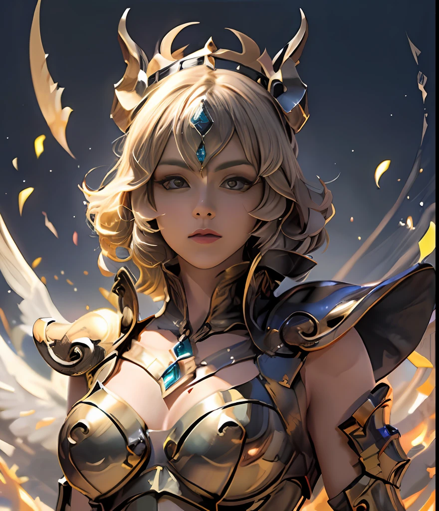 (obra-prima), (melhor qualidade), 8k, (1girl),  em armadura dourada, olhos azuis, pose legal, fundo do campo de batalha, fundo de fogo, fundo com castelo, armadura de saint seiya, hair messy