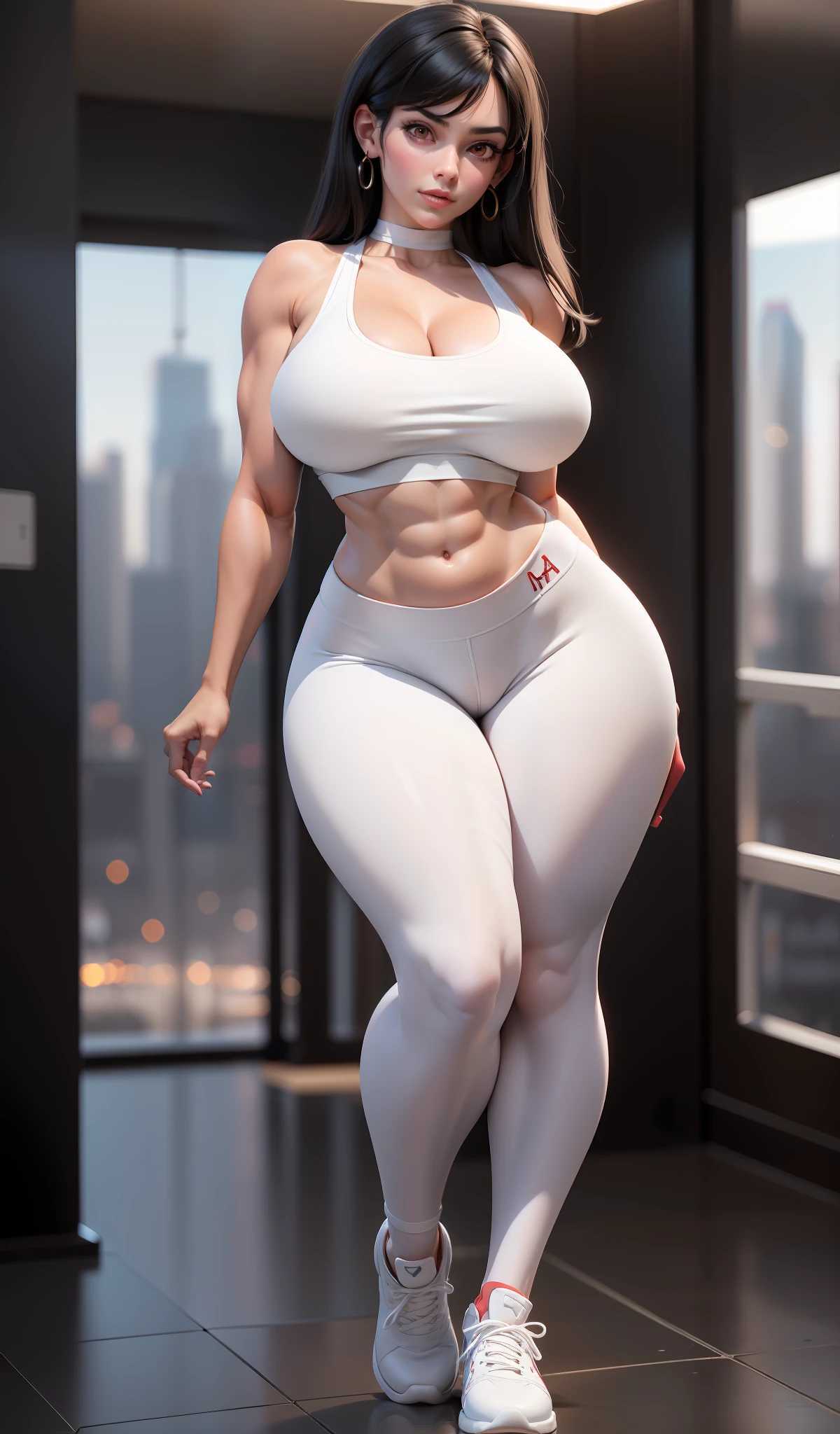 masterpiece, best quality,3d rending work ,3DMM style,close-up, 3D,1girl, solo, black hair, teardropshaped earrings, realistic, (full body:1.5), urban city background, bangs, long straight black hair, parted lips, choker, makeup, (white sports bra:1.5), (red eyes), tifa lockhart, (huge breasts:1.5) enormous droopy breasts, macromastia, cleavage, exposed stomach, toned abs, toned arms, (black miniskirt1.4) thigh high stockings, red boots