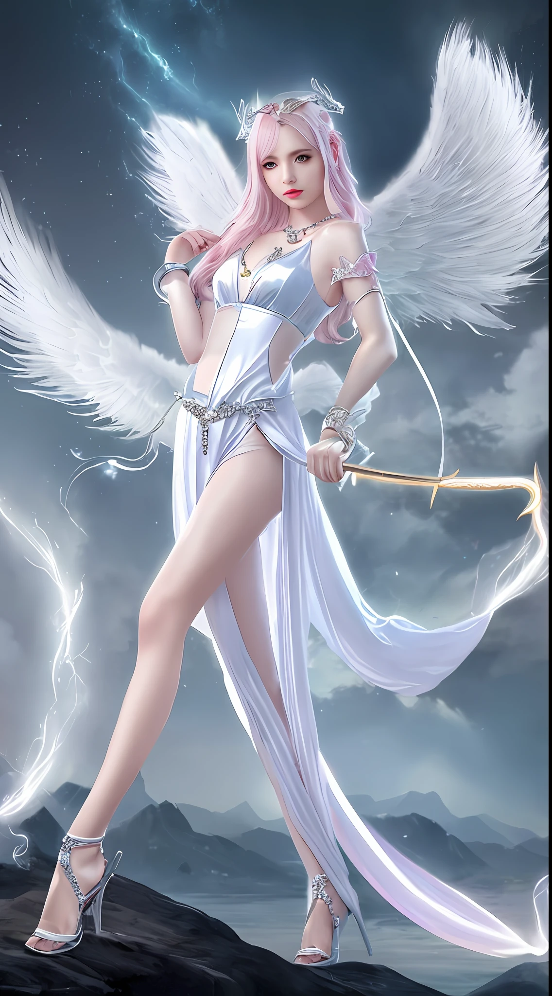 Meticulous angel wings,elvish ears,silver bracelet,Anklet detail,female pervert,Attractive eye portrayal,Finger sky,Fair long legs,See-through black silk,Skysky,thunder,Pink hair