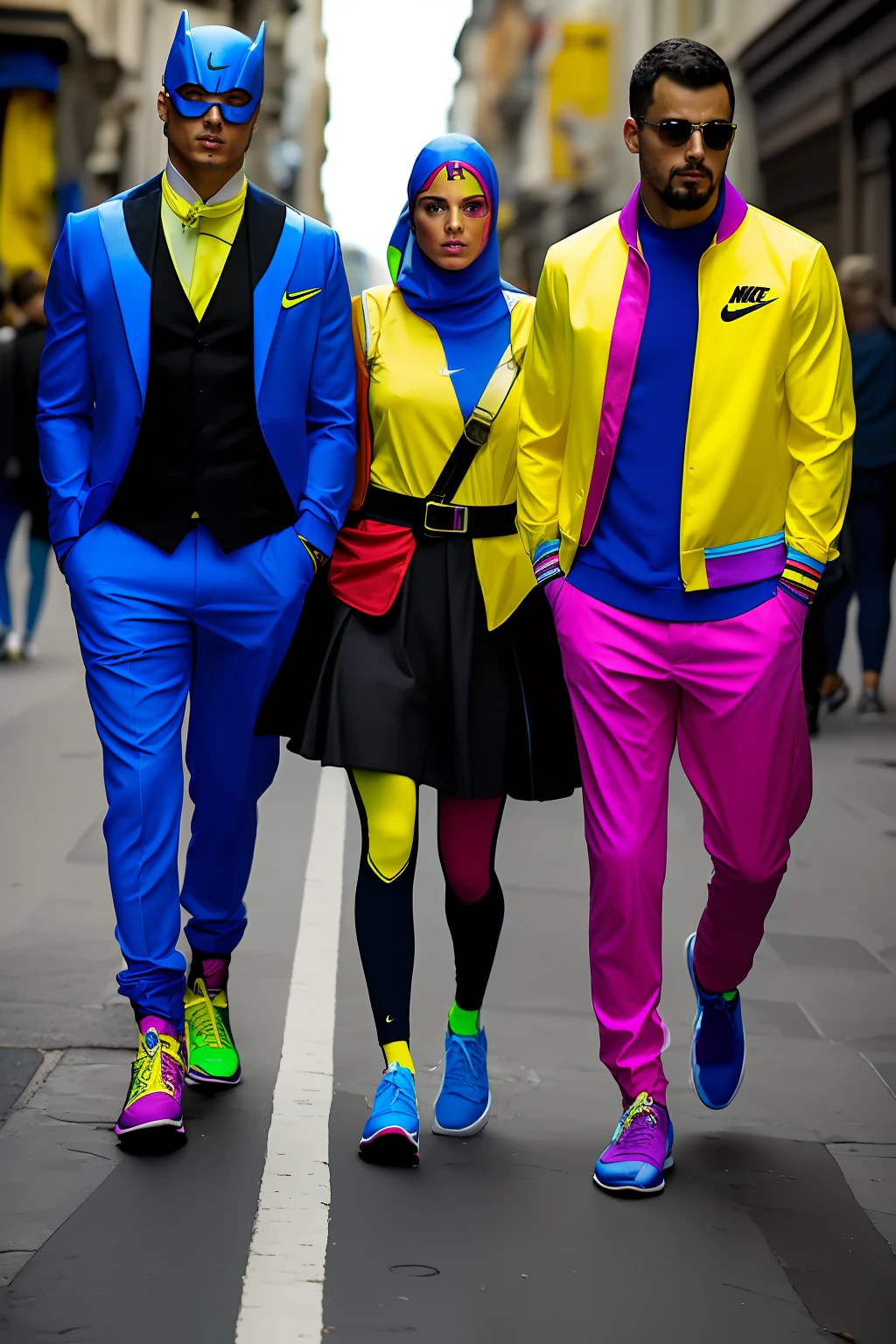 (Three people in colorful costumes are standing on a city street, athletic fashion photography, , Nike,, inspirador, Toma de retrato, Superhero, promo image, People corre en la calle, de pies a cabeza, Foto publicitaria, Nerds, inspiration,colorida, City lighting, ciudad, Temporada de vacaciones, hero, Cmyk, Un hiper realista