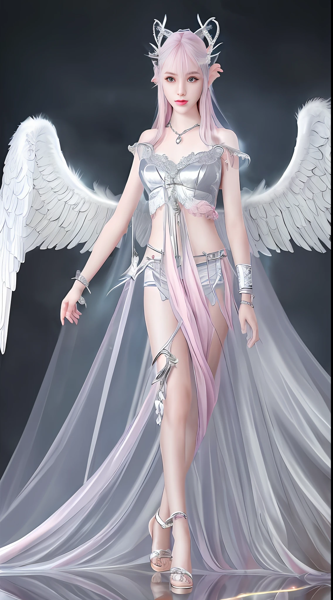 Meticulous angel wings，elvish ears，silver bracelet，Anklet detail，female pervert，Attractive eye portrayal，Finger sky，Fair long legs，See-through black silk，Skysky，thunder，Pink hair