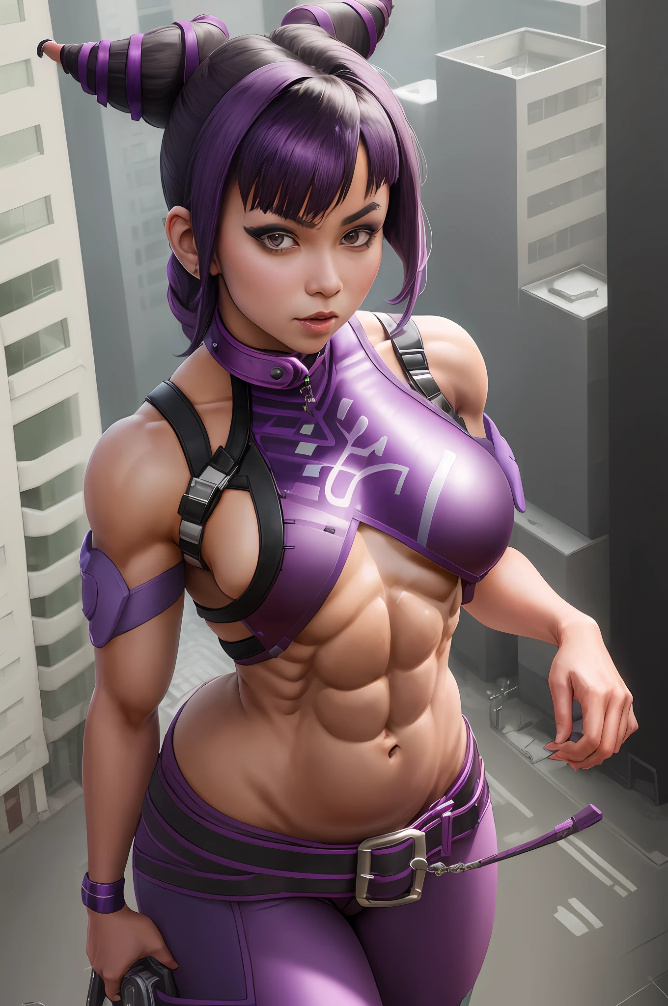 SFW, ((solo, 1girl, JuriHan:1.3)), solo, 1girl, in stand,sample belly, sample shoulder, purple pants, giantess, walking in city, crazy face, hair fringe, two buns on the head, lean body, defined physique, full body