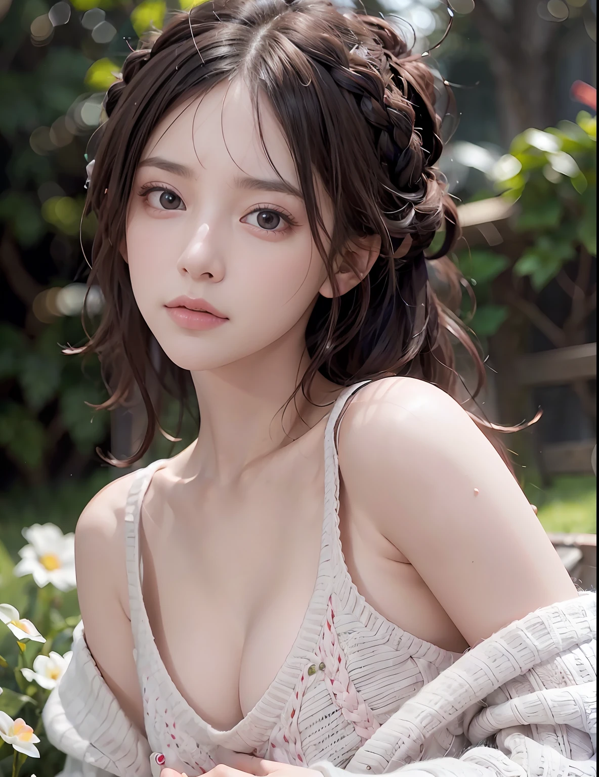 8k, RAW photo, best quality, masterpiece, high detail RAW color photo, professional photograph, (realistic, photorealistic:1.37), (high detailed skin:1.2), high resolution, beautiful detailed eyes, (hard focus:1.4), (sharp focus:1.4),
realistic , (8K UHD:1.2) , photoreaslistic
High quality shadow, 
parted_lips, slender face,
(wavy hair), Half-up top knot, Crown braid, Pink eye color, suggestive look,
(extremeface closeup),  pov, (((depth of field))), pale and lustrous skin, 
Cropped cowl neck sweater,
30yo  age,
buruma,
Rooftop,
bokeh, lens flare, (vignette:0.8), dramatic lighting, cinematic lighting, back light, professional lighting, physically-based rendering, ulzzang-6500-v1.1, pureerosface_v1.