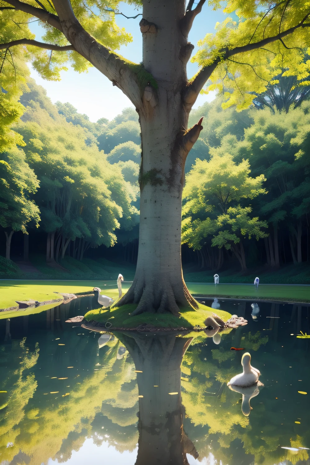 A imagem retrata uma paisagem tranquila em um parque ensolarado. No centro, There is a majestic tree with wide branches and vibrant leaves that stretch towards the clear blue sky. The leaves of the trees are lightly swayed by a gentle breeze, criando um movimento suave. Around the tree, There is a small serene lake with crystal clear waters, onde patos nadam em perfeita sincronia. The reflection of trees and ducks is visible on the calm surface of the water. No gramado verdejante, existe um grupo de pessoas de diferentes idades, etnias e culturas, all seated in a circle. they're smiling, conversando e compartilhando momentos especiais juntas. Flores vibrantes e coloridas emolduram a cena, adicionando um toque extra de beleza e harmonia. A luz do sol suave ilumina a imagem, creating a warm and peaceful atmosphere.