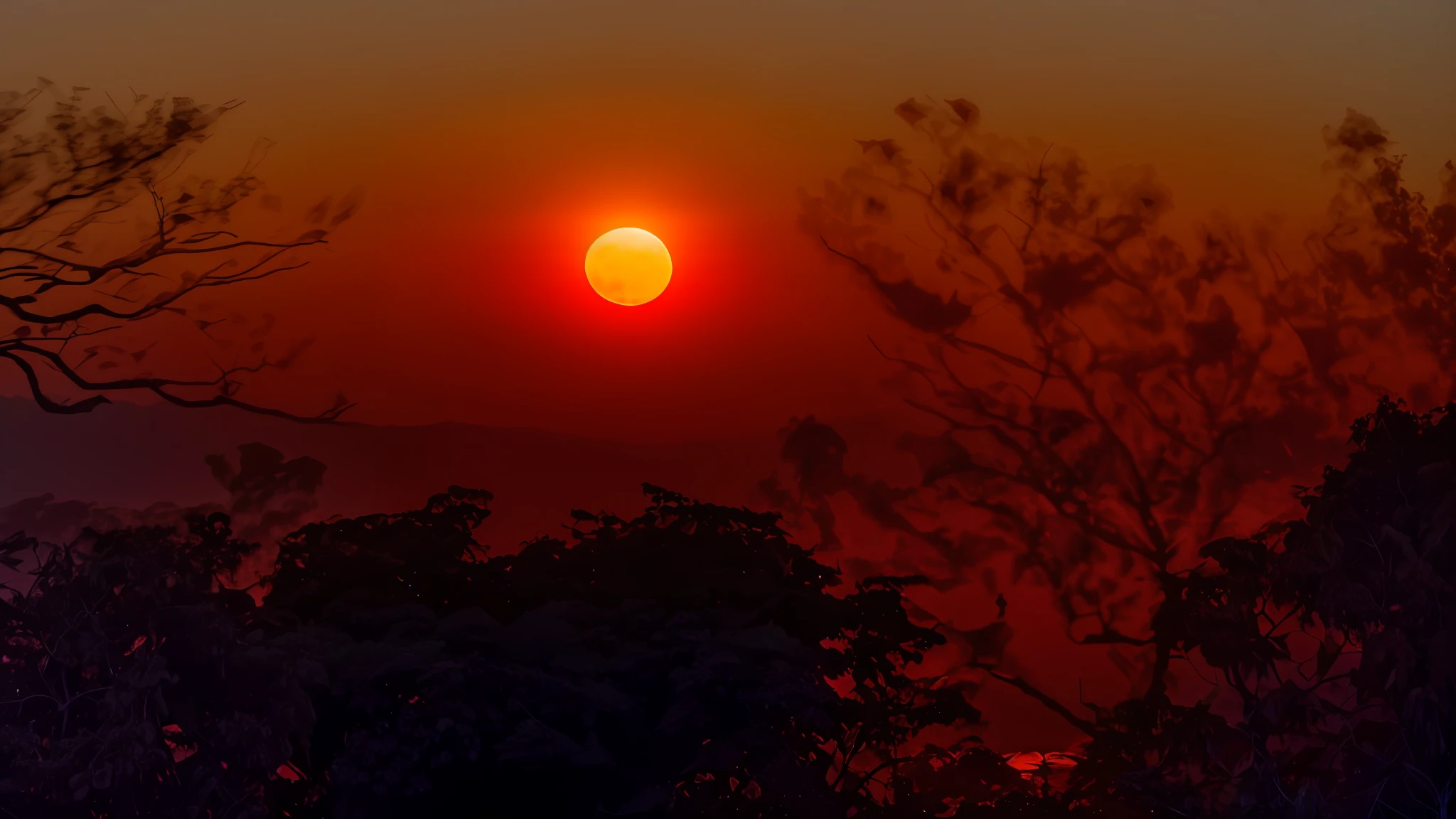There is a bird sitting on a tree branch at sunset, cloudy and mystical sun, sol vermelho no fundo, Lua no fundo!, in a sunset haze, with full moon in the sky, lua cheia amarelada, sol se pondo ao fundo, lua vermelha cheia, the sky is a faint hazy red hue, lua cheia no fundo, lua cheia rosa gigante, super lua, 8k, realista, Birds in trees