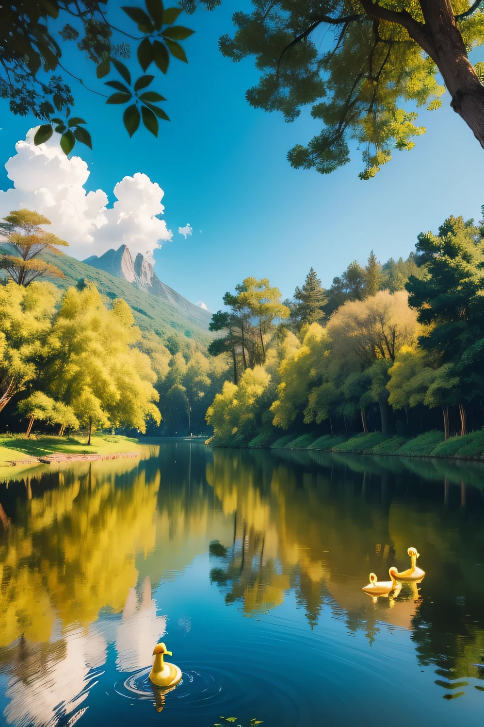 A imagem retrata uma paisagem tranquila em um parque ensolarado. No centro, There is a majestic tree with wide branches and vibrant leaves that stretch towards the clear blue sky. The leaves of the trees are lightly swayed by a gentle breeze, criando um movimento suave. Around the tree, There is a small serene lake with crystal clear waters, onde patos nadam em perfeita sincronia. The reflection of trees and ducks is visible on the calm surface of the water. No gramado verdejante, existe um grupo de pessoas de diferentes idades, etnias e culturas, all seated in a circle. they're smiling, conversando e compartilhando momentos especiais juntas. Flores vibrantes e coloridas emolduram a cena, adicionando um toque extra de beleza e harmonia. A luz do sol suave ilumina a imagem, creating a warm and peaceful atmosphere.