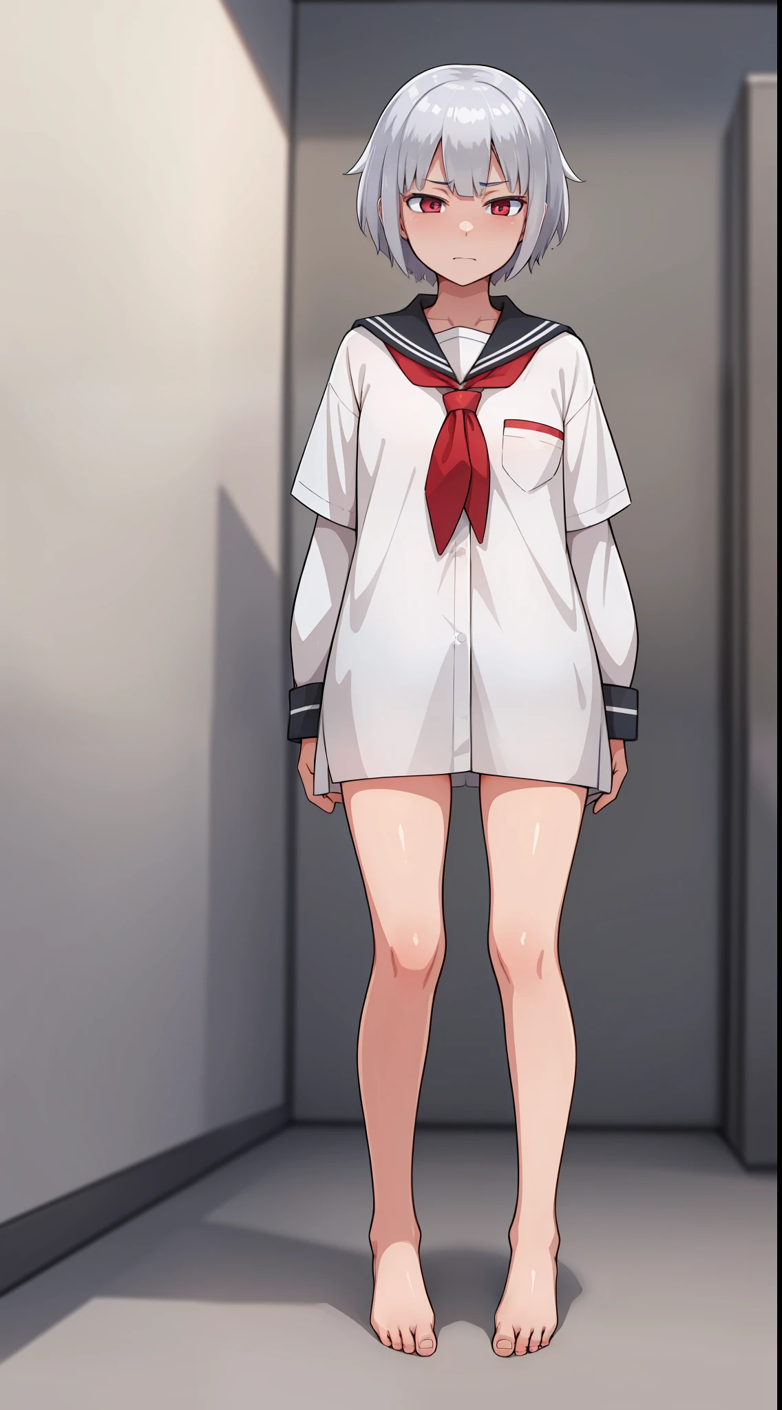 hiquality, tmasterpiece (One  girl) Thin body, White short hair. red-eyes. The gloomy face of a psychopath. White school shirt. panty. bare feet. Against the background of the school