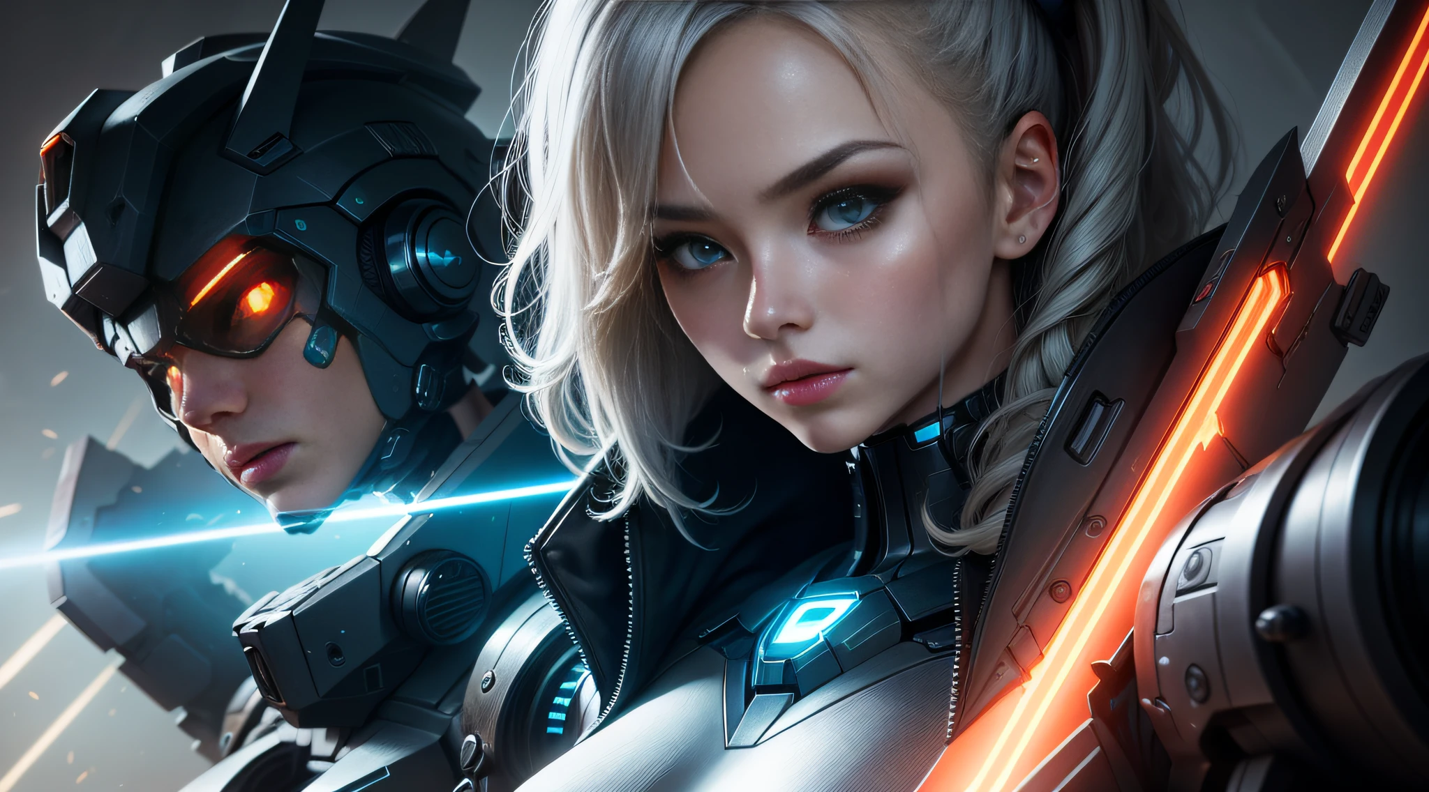 Humanoid mech girl,large bust,Take the photo pose to face the camera,Rush forward with a laser knife,Prepare to slash,cyber punk perssonage,Super-standard,8K quality,Delicate face