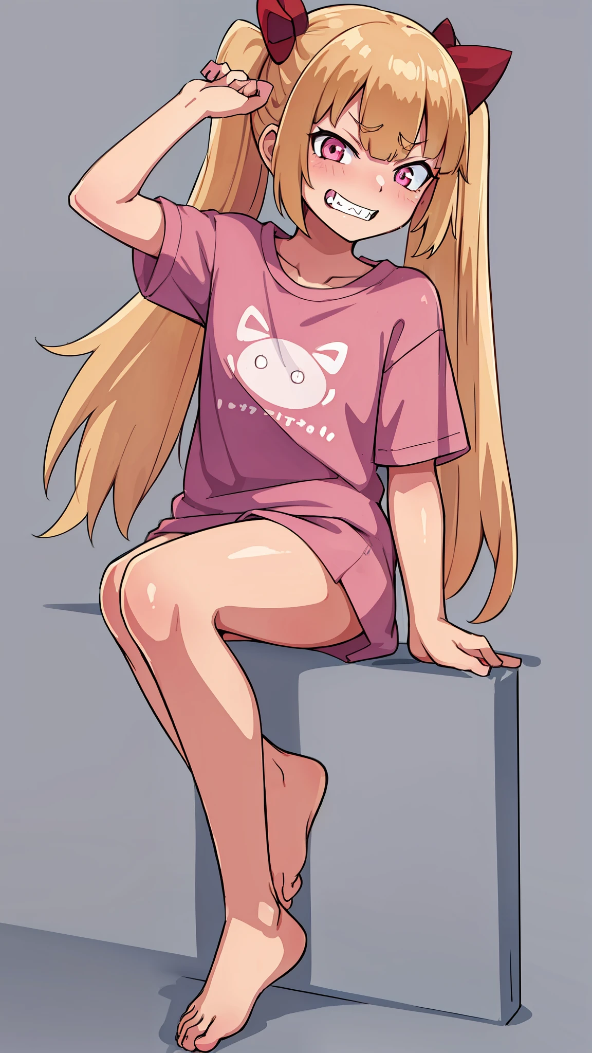 hiquality, tmasterpiece (One Loli Girl) blonde hair with two long ponytails and red bows on the ponytails, Cyan eyes, Fang furrowed his face with an evil smile, Pink T-shirt, panty, bare feet.