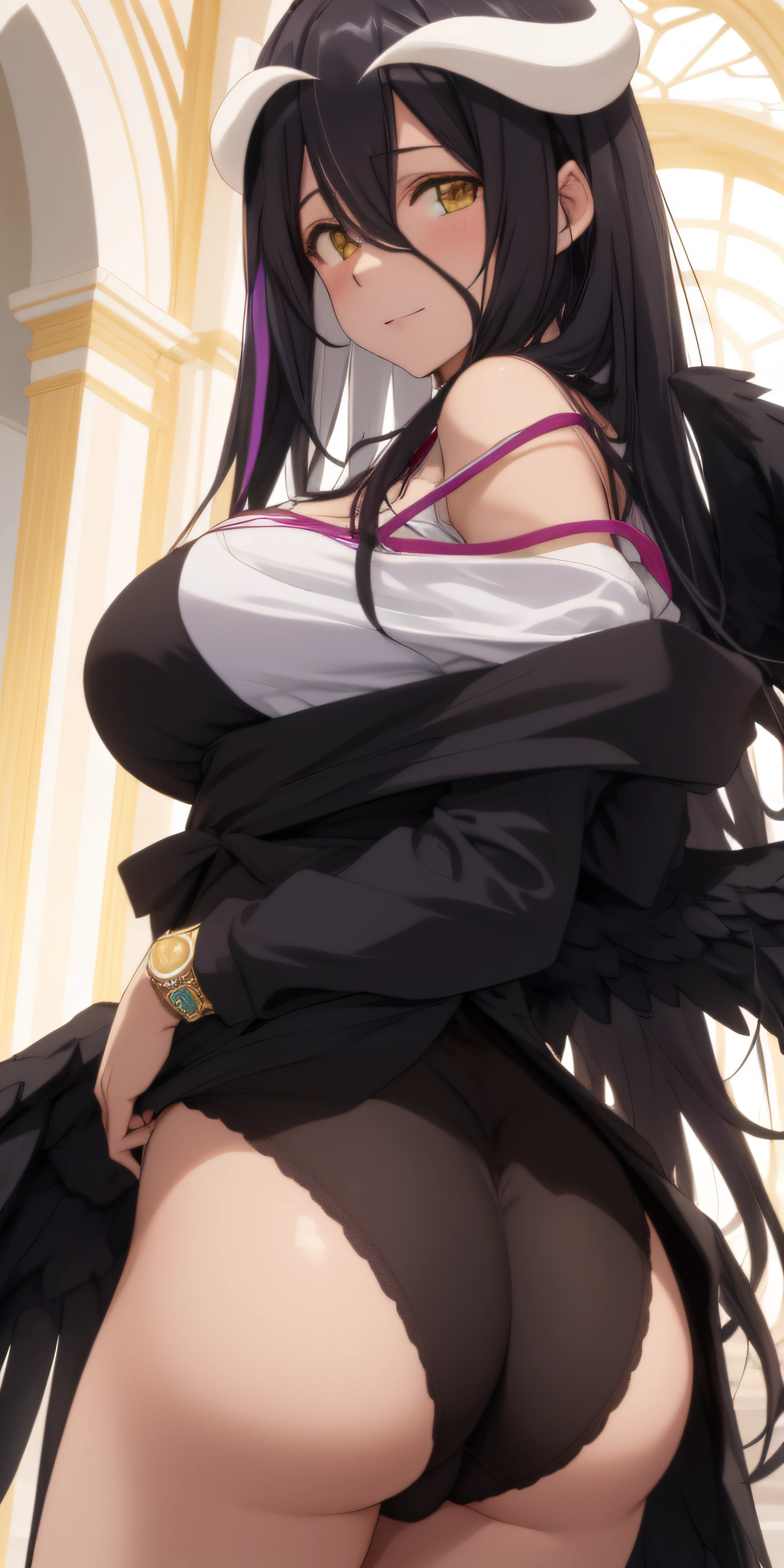 albedo, over lord, obra-prima, roupa detalhada, 1girl, super sexy, poucas roupas, mamilos grandes, de costas, mamilos rosados, solo, cabelo roxo, cabelo sobre um olho, chifres, black wings, avental de empregada, abertura central, ombros nus, boca fechada, , bunda, foco bunda, agarrar bunda, skindentation