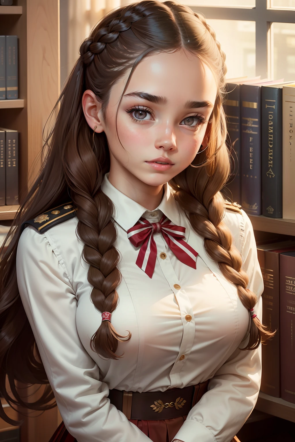 She's a teenage girl with skin as fair as a sheet of paper, caramel eyes, perfectly matching the big brown braids she wears. Thick, bushy eyebrows, rosy lips. Wearing the uniform of the traditional British school, the Imperial Institute. Library Scenario