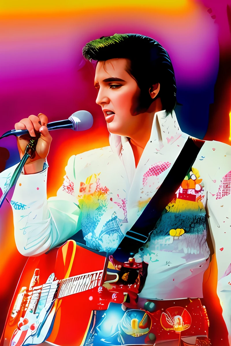 Elvis Presley en un escenario ardiente: Da vida a su carisma en colores pop, efecto de pintura escurriendo y efecto de pintura salpicando.