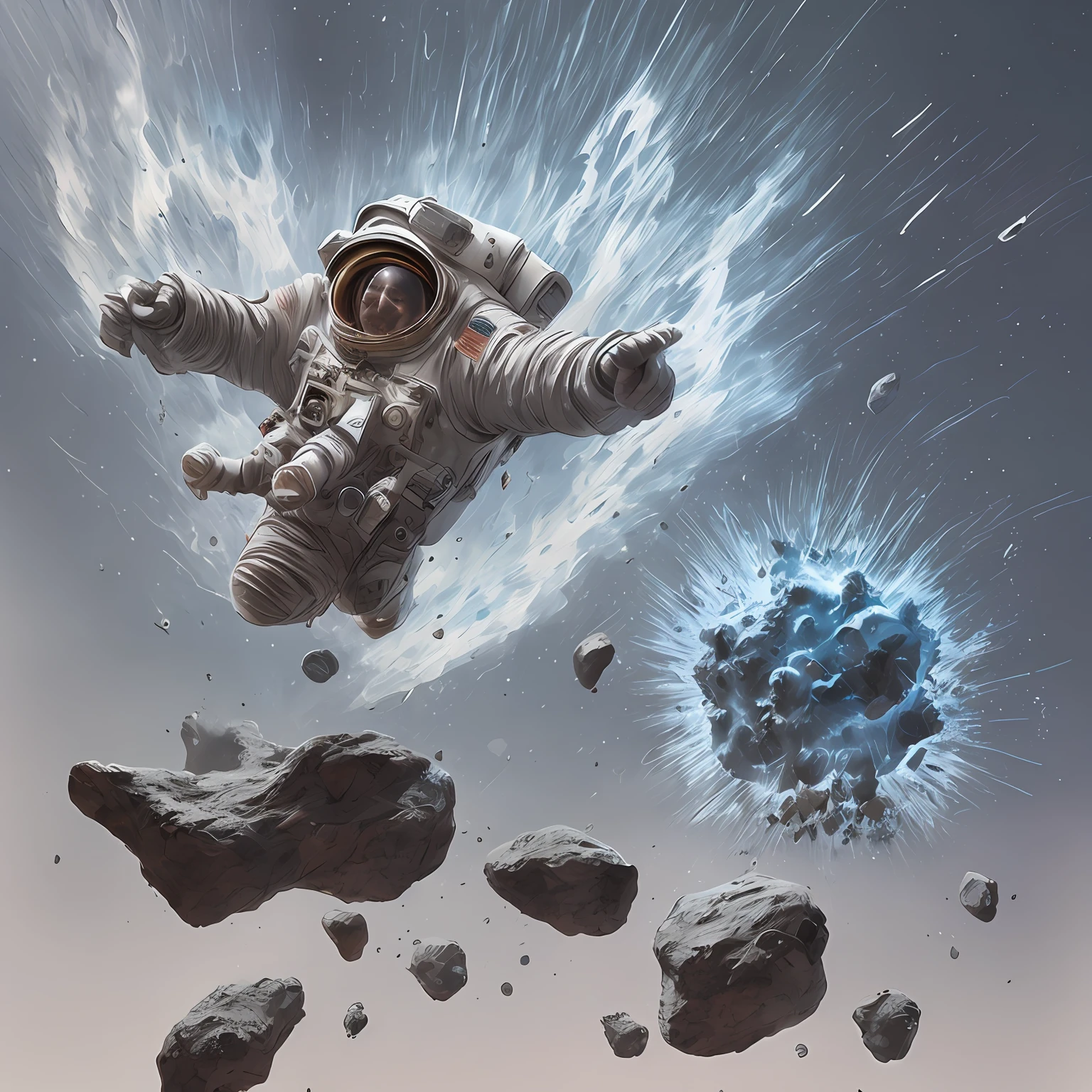 astronauta, escalando o asteroide, character rendering, ultra high quality model, ethereal background, beleza abstrata, explosive volumetric, oil-painting, pinceladas pesadas, pingos de tinta, asteroids next to the character