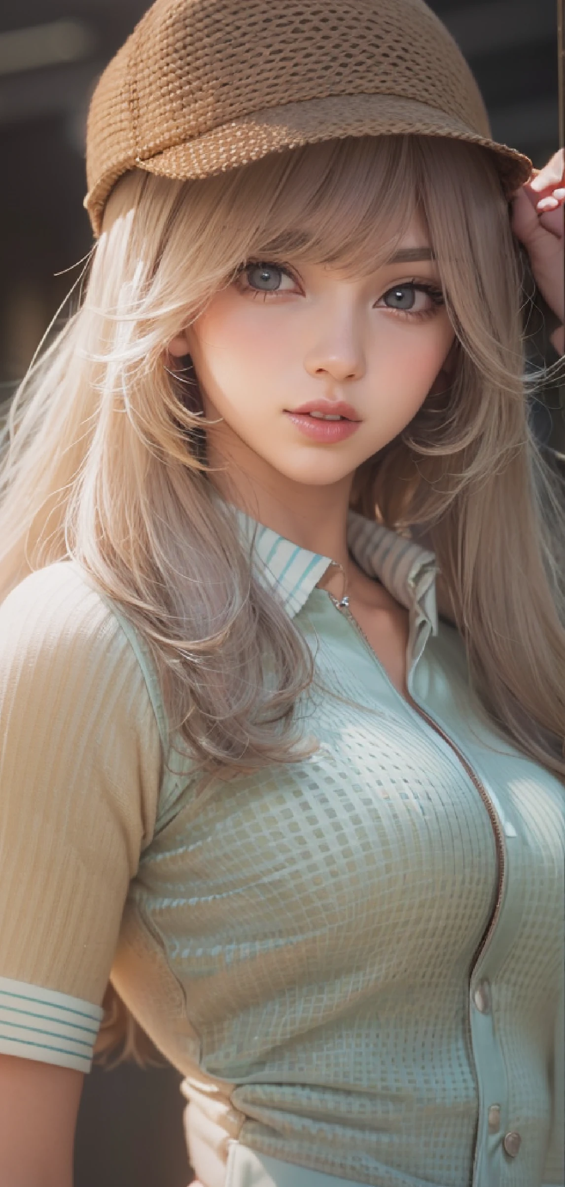 Close up portrait of a person in a hat and shirt, her navel is exposed, waist - shot, Physical : tinyest midriff ever, real life anime girl, leaked photo, style of macross, close up half body shot, Very accurate photos