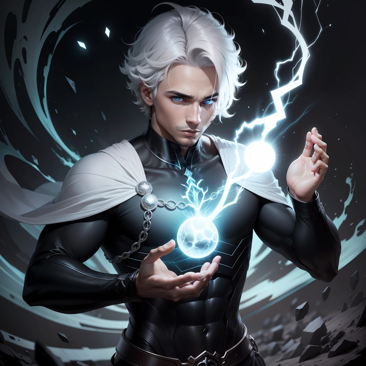 HOMEM de jovem, com cabelo branco e olhos azuis, com um manto preto cobrindo ele, deus mago, power coming out of his hand,