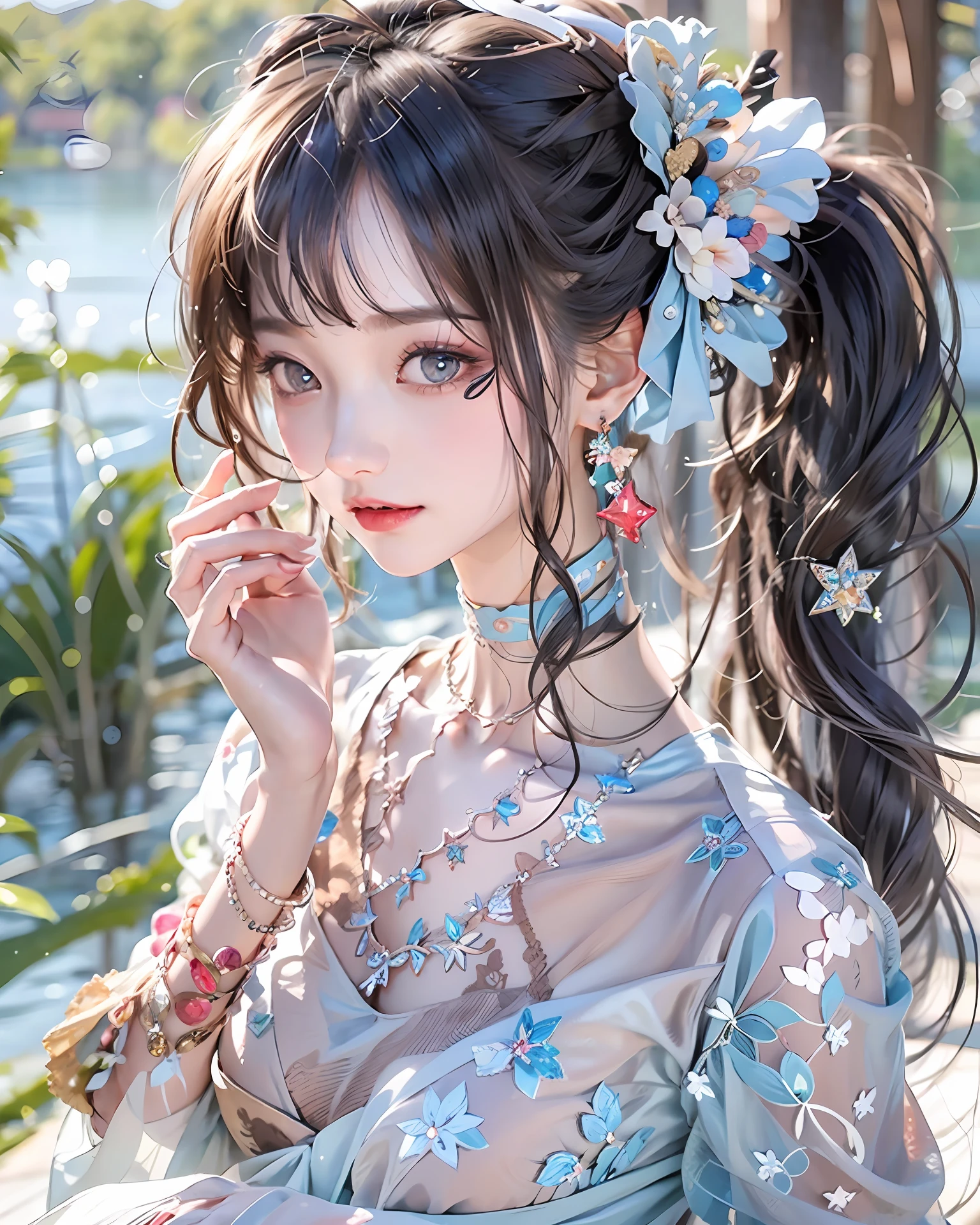 blending, best quality, masterpiece, UHD, 8k,1girll,black hair, black hair, ponytail, kanzashi, red hairband, star-shaped pupils, mole under eye, crystal earrings, blush, shy, nose blush, Romanticism, Nice face,Light blue dress,lakeside,clubs,early evening,