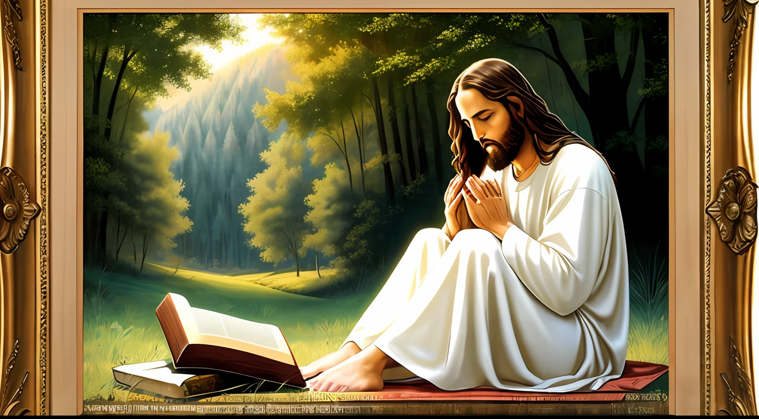 Jesus Christ praying sitting with an open bible Realistic image size 9:16 --auto