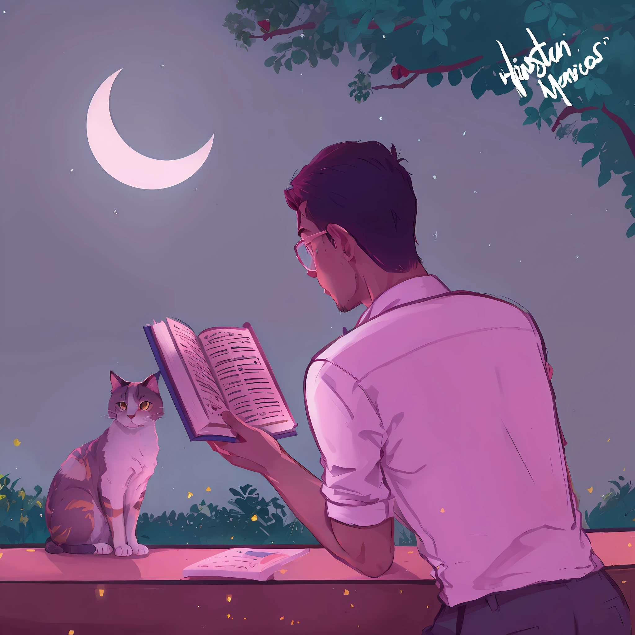 um homem lendo um livro a noite com um gato