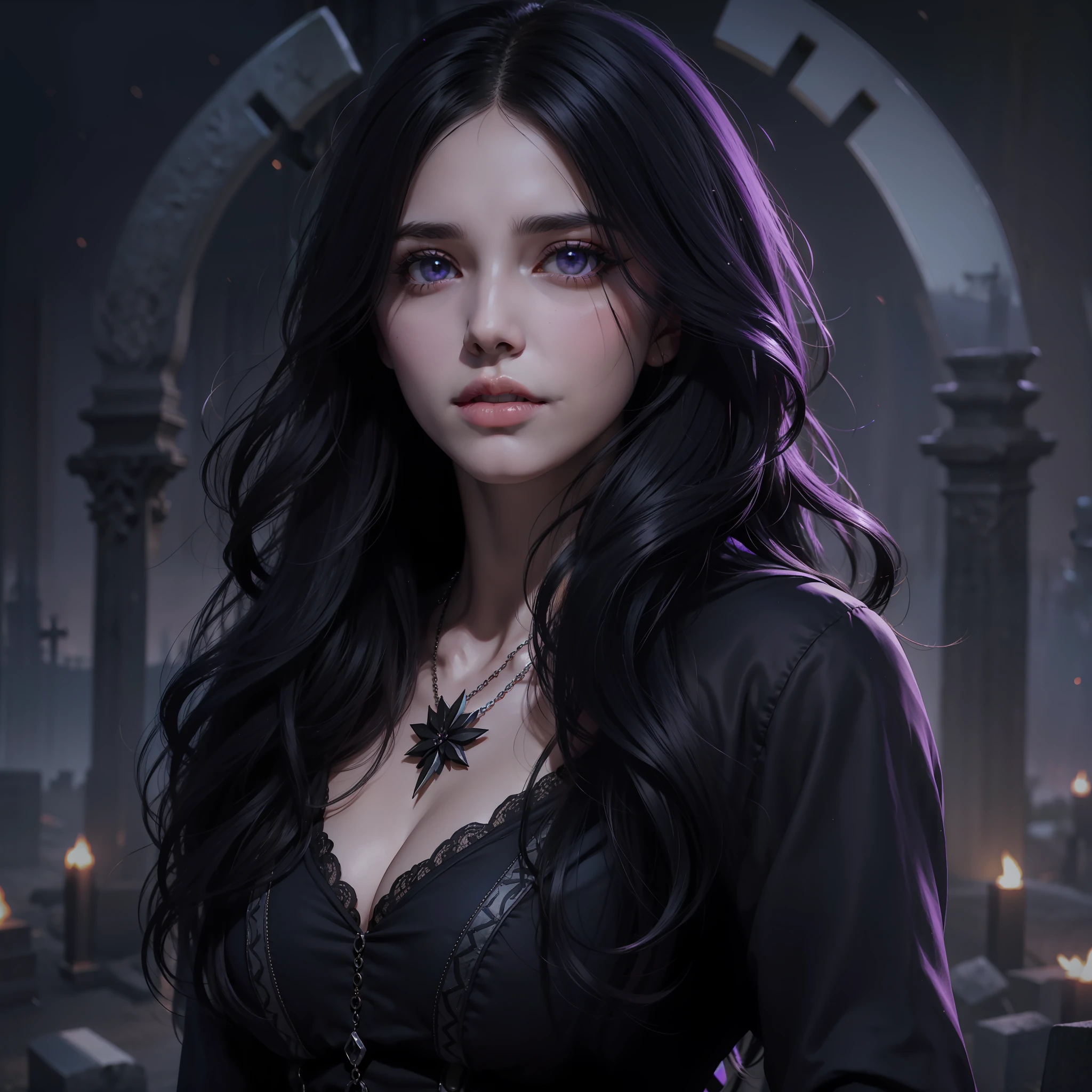 Beautiful woman reminiscent of Yennefer from The Witcher with long black hair and violet eyes bright as constellations, obra prima, ultra qualidade, 8k, cabelos caindo sobre seus ombros, in the background a cemetery