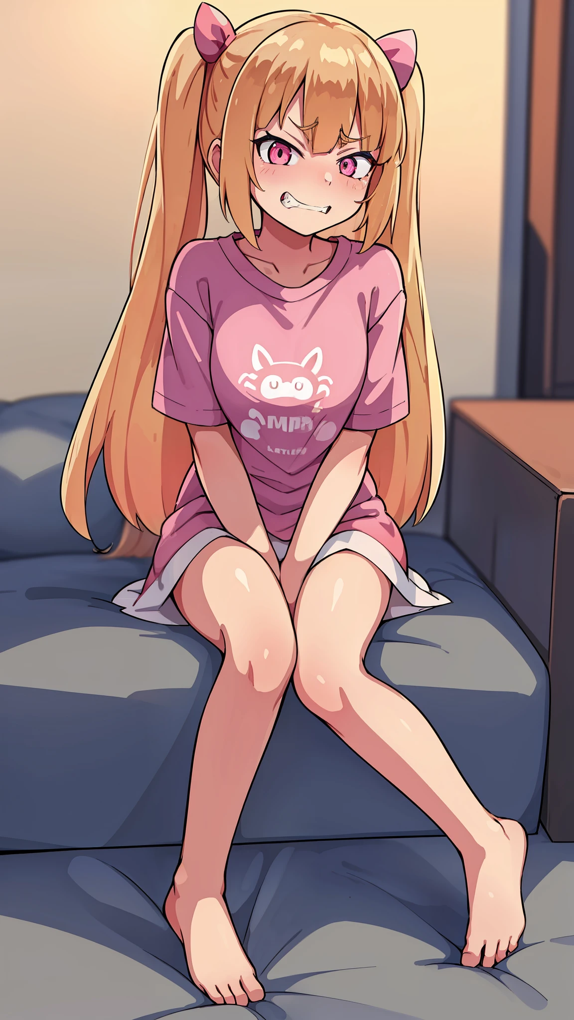 hiquality, tmasterpiece (One Loli Girl) blonde hair with two long ponytails and red bows on the ponytails, Cyan eyes, Fang furrowed his face with an evil smile, Pink T-shirt, panty, bare feet.