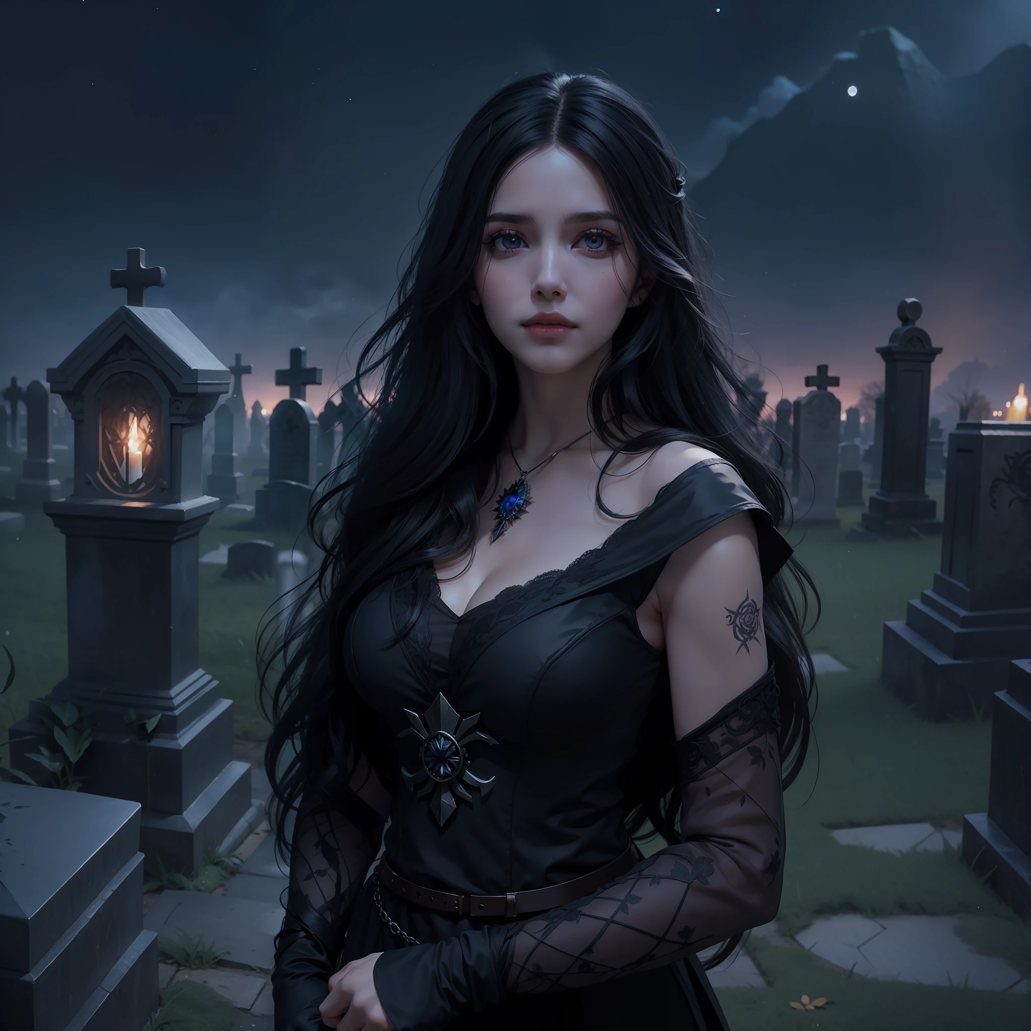 Beautiful woman reminiscent of Yennefer from The Witcher with long black hair and violet eyes bright as constellations, obra prima, ultra qualidade, 8k, cabelos caindo sobre seus ombros, in the background a cemetery