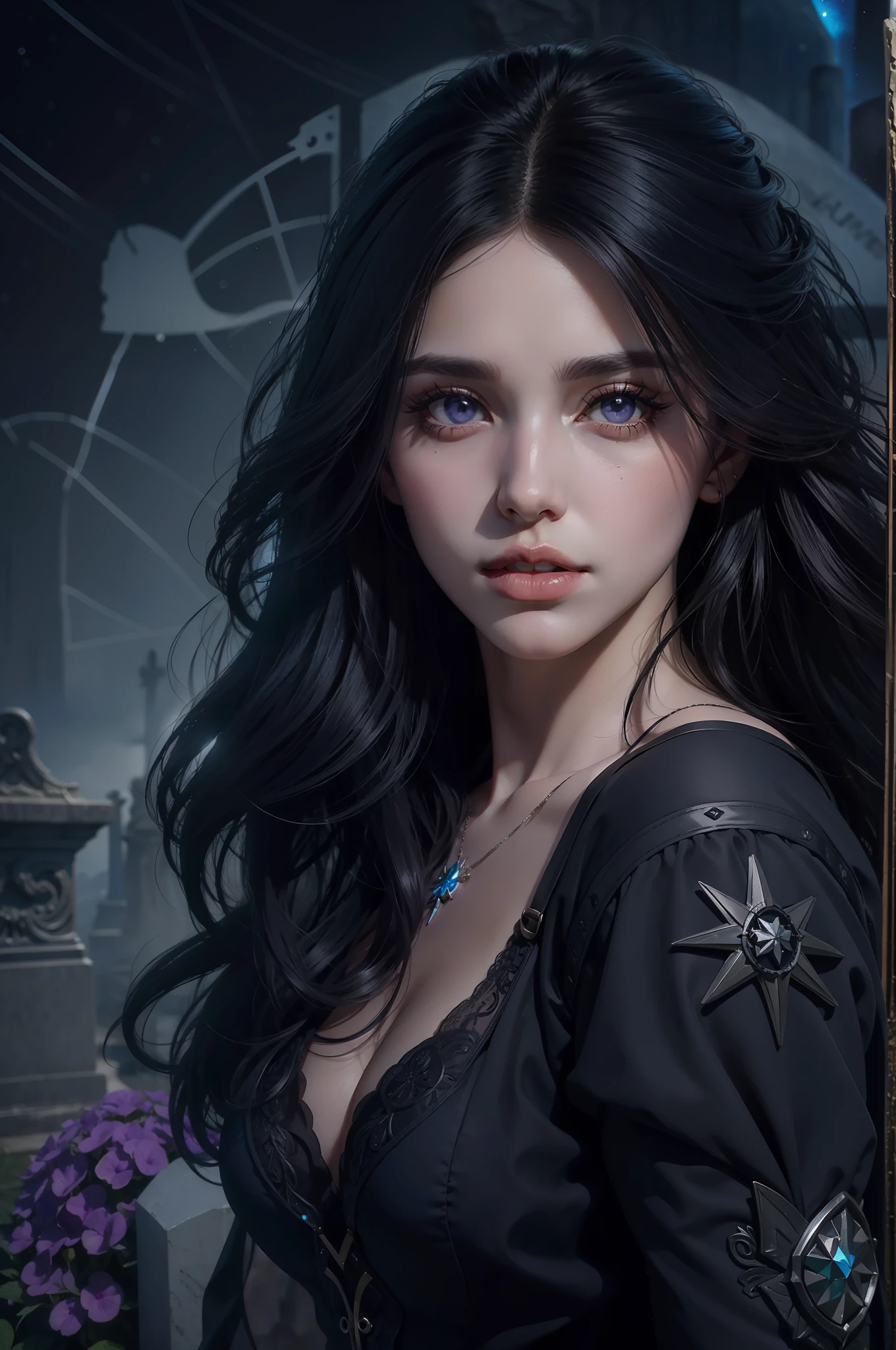 Beautiful woman reminiscent of Yennefer from The Witcher with long black hair and violet eyes bright as constellations, obra prima, ultra qualidade, 8k, cabelos caindo sobre seus ombros, in the background a cemetery