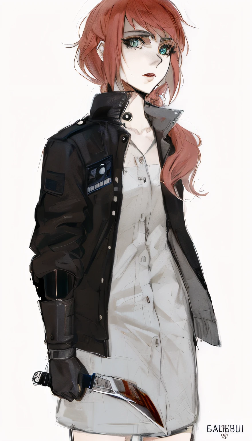 a drawing of a woman with a knife in her hand, um assassino adolescente ousado, cypherpunk fashion illustration, fanart menina urbana, Garota de anime cyberpunk com capuz, ela usa uma jaqueta, androgynous, androginia, anime full body illustration, Estilo anime, androgynous person, attractive androgynous humanoid, full length illustration, arte detalhada do personagem de anime, cabelo ruivo, cabelo solto e volumoso.