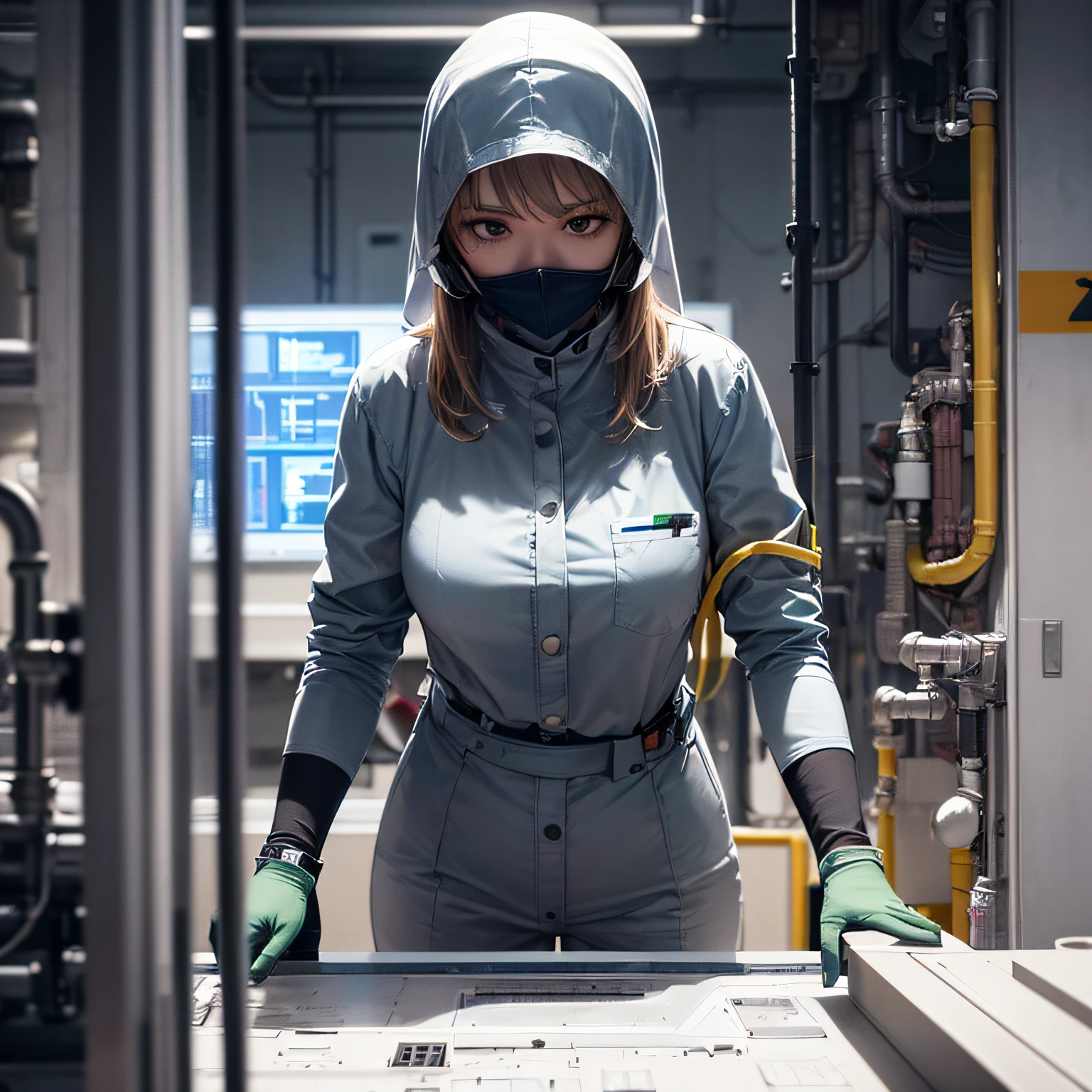 (masterpiece, best_quality, beautiful girl in a Nuclear Power Station:1.4) girl_in_a_nuclear_power_station, 1girl, full_body_shot, worm's_eye_view, nuclear_power_station, monochrome, high_contrast, protective_suit, hazmat_suit, safety_gear, work_uniform, gloves, goggles, boots, long_hair, tied_up_hair, protective_hairnet, focused, serious, goggles, no_ears, protective_mask, covered_neck, covered_shoulders, gloves, protective_gear, boots, control_room, reactor_hall, radiation_symbols, warning_signs, industrial, sci-fi, atmospheric, dramatic_lighting, realistic, industrial_art, technical_illustration, tools, radiation_detector, control_panel, pipes, cables, nuclear_symbol, warning_signs, steam, glow, radiation, monitoring, controlling, maintenance, industrial_machinery, reactor_core, cooling_system, emergency_procedures, cinematic light, (sharp focus:1.6), highly detailed, ultra realistic, 8k