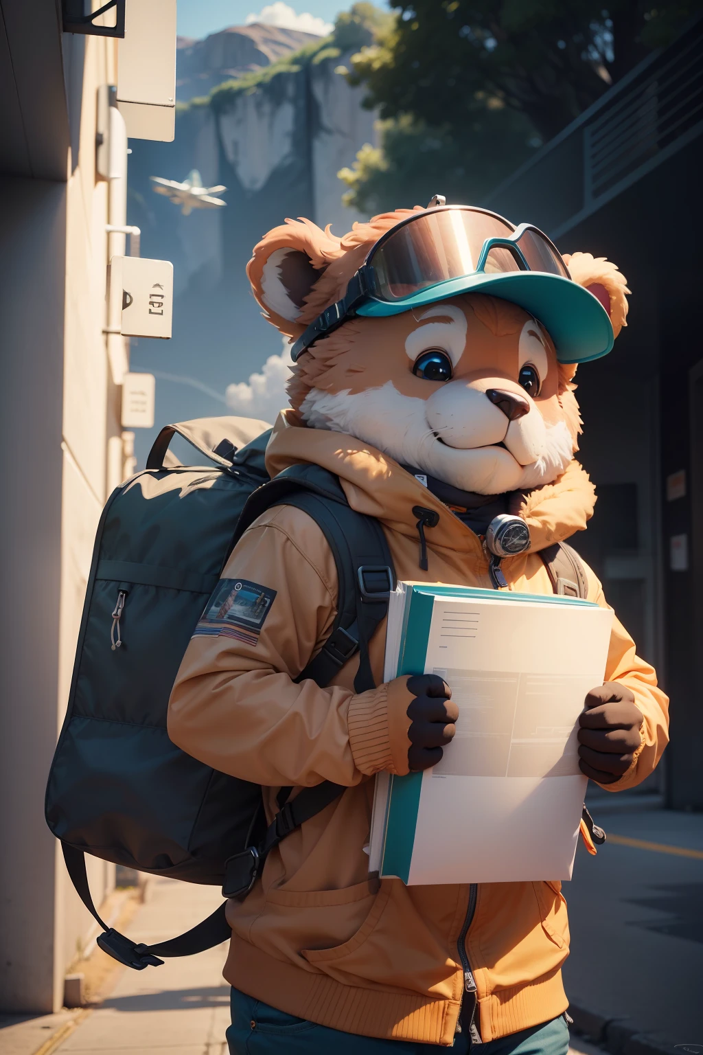 Desenhe um personagem chamado 'Eurekao', A friendly teddy bear with an exploration helmet, sempre em busca de novas curiosidades e fatos interessantes para compartilhar em seu canal 'QuizEureka'. Make sure he's carrying a backpack full of books and flash a friendly smile as he flies in search of knowledge. Get creative with the details and colors to make Eurekao the most captivating and adorable mascot possible!