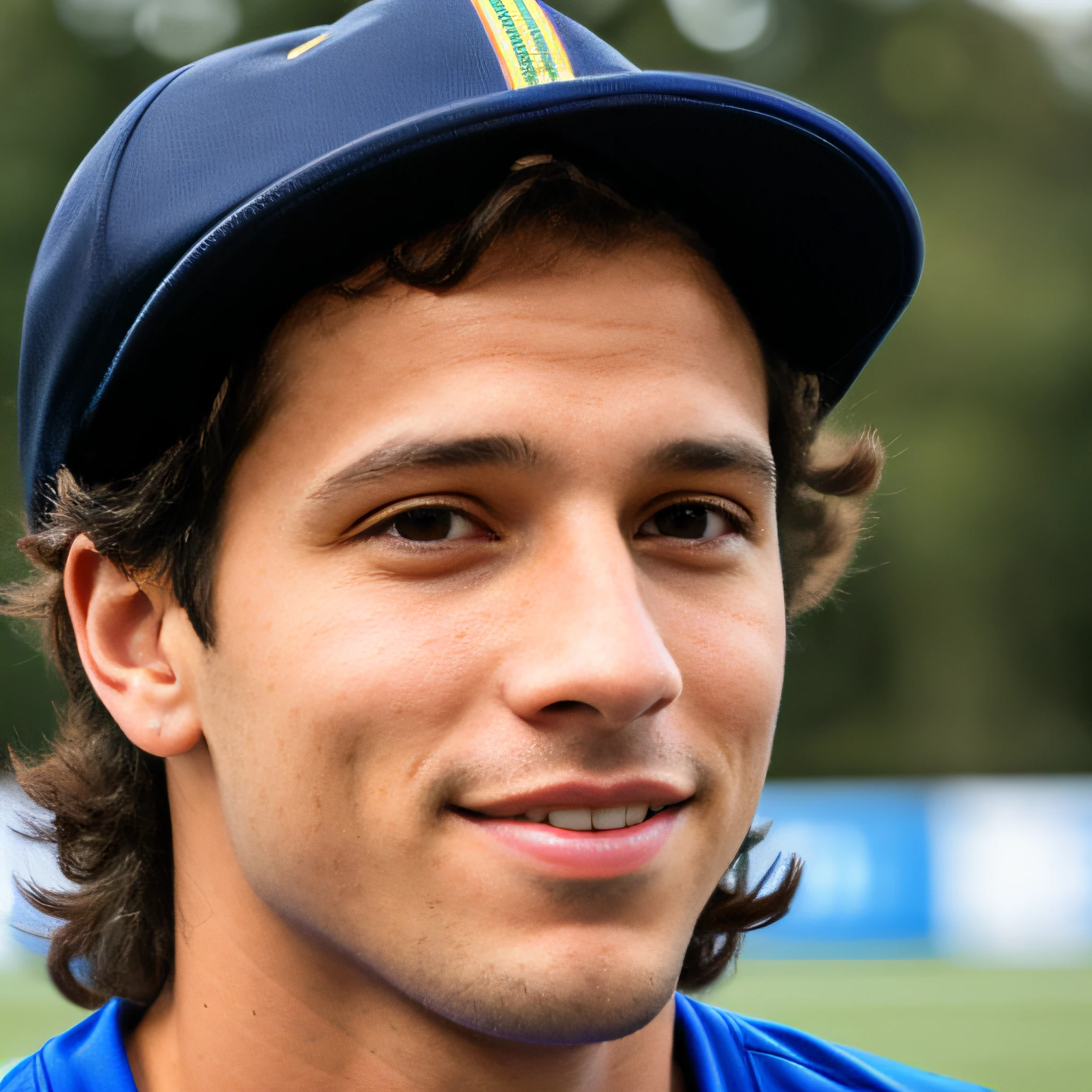 "Retrato close-up de um jovem jogador de futebol no gramado verde. He's wearing a hat and a blue shirt. The headshot highlights André Samberg's attractive, good-looking face, um adulto jovem masculino. The profile picture shows the young athlete with medium-length hair and determined expression while on the football field."