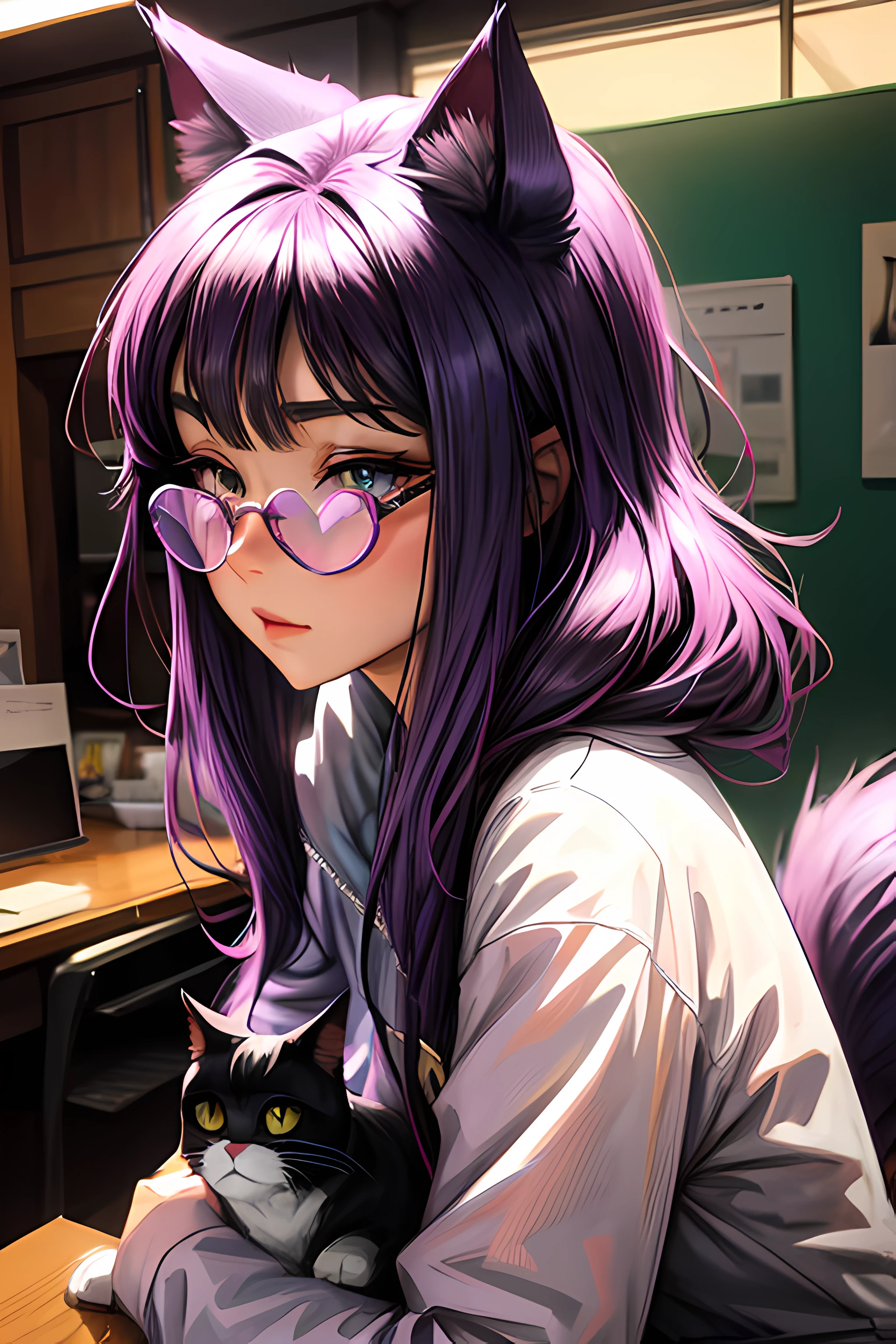 Anime girl with purple hair and glasses, that holds a heart, Anime Moe Kunststil, Anime girl with cat ears, Anime Catgirl, im Anime-Stil, niedlich Anime Catgirl, im Anime-Stil, Cat-Eared Girl, nekomimi, Holo is a wolf girl, Anime-Katze, IG Studios Anime-Stil, Charakter im Anime-Stil, Hochwertiger Anime-Artstyle