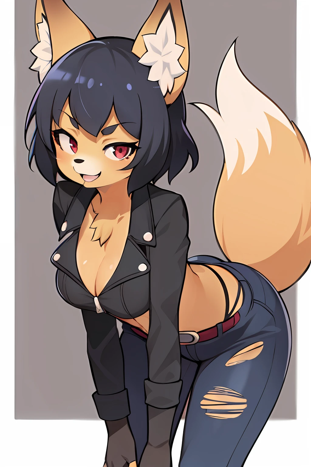 best quality, masterpiece, solo, 1girl,  furry, portrait, anthropomorphic female Fox, punk outfit, torn clothes, anthro, smug smile, half-closed eyes, looking at the viewer, dyed hair, seductive look, bent over, leaning forward, excited look, Fox tail