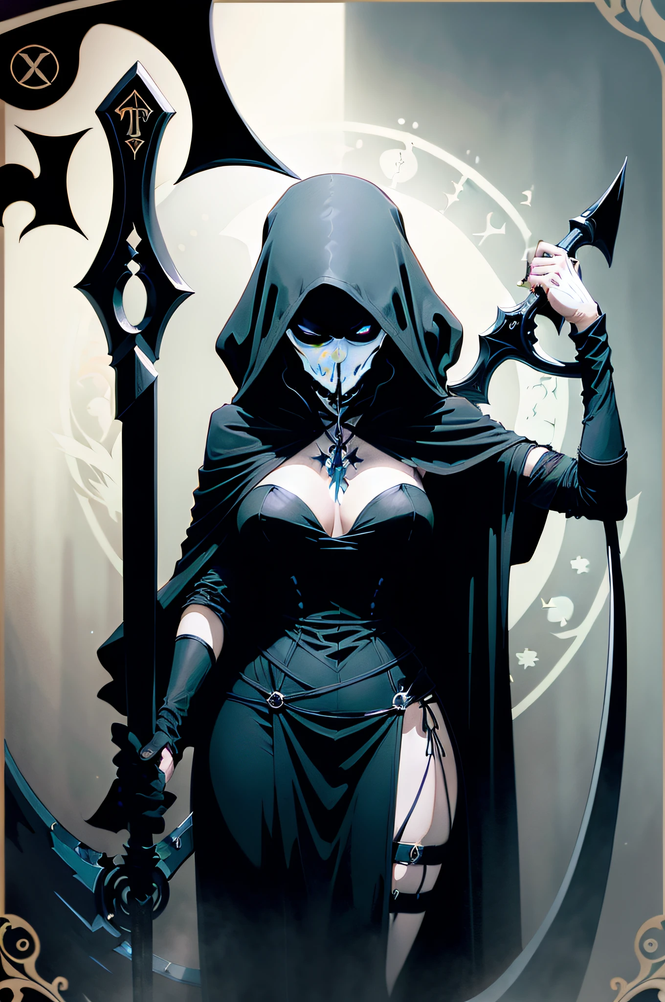 Death Design (((Tarot Cards)), Sophisticated minimalist style, Alphonse Mucha, Humorous、Grim Reaper-style witch with a giant scythe、