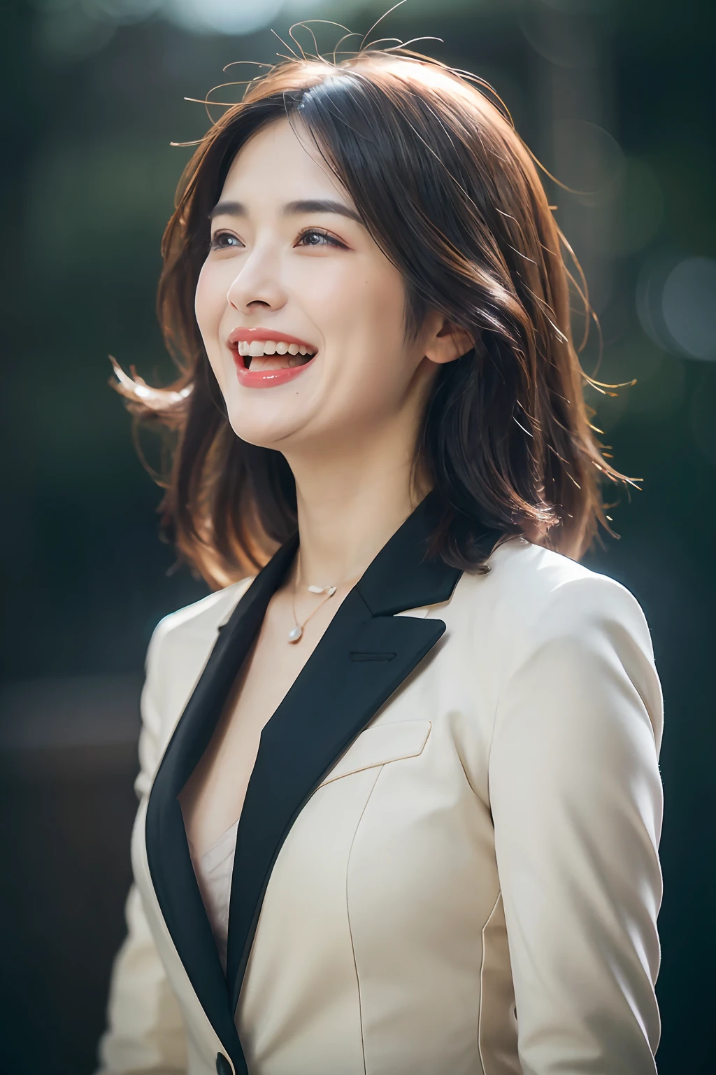 Dressed, (photographrealistic:1.4), (Hyper realistic:1.4), (Realistic:1.3), (Smoother lighting:1.05), (increase cinematic lighting quality:0.9), 32K, 1girl in,25-years old, Realistic lighting, Backlighting, Light on Face, raytrace, (Brightening light:1.2), (Increase quality:1.4), (Top quality real texture skins:1.4), finely detailed eyes, finerly detailed face, (tired and sleepy and joy:0), (Laugh:1.4), Black Suit,a necklace, (Increase body line mood:1.1), (Increase the beauty of skin texture:1.1)