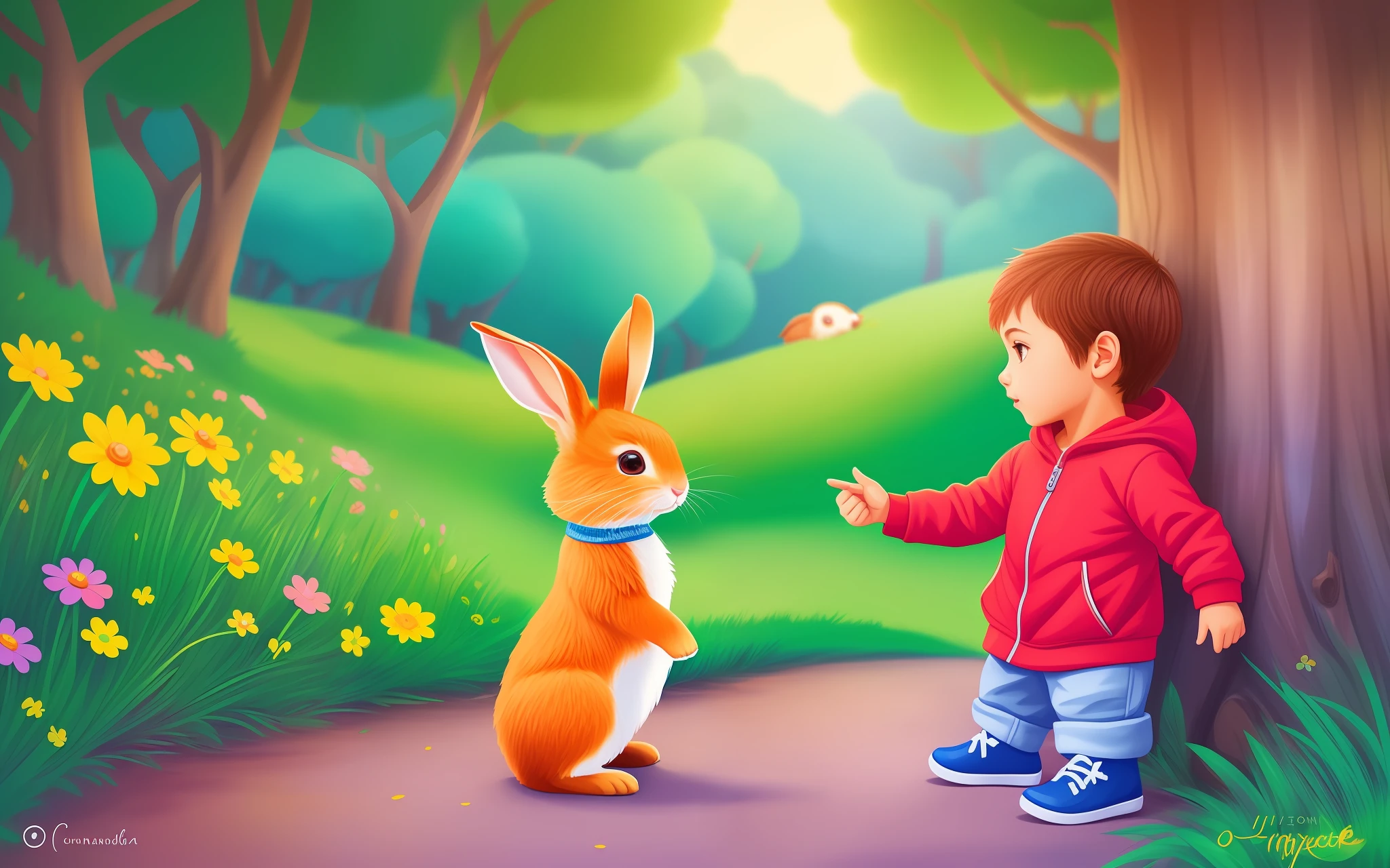 Illustrate a captivating and colorful scene of the character John, O curioso menino de 6 anos, acompanhado do amigo Fofinho, The Playful Rabbit. Retrate-os na entrada da Floresta Encantada, showing your excitement and willingness to explore the magical world around you.