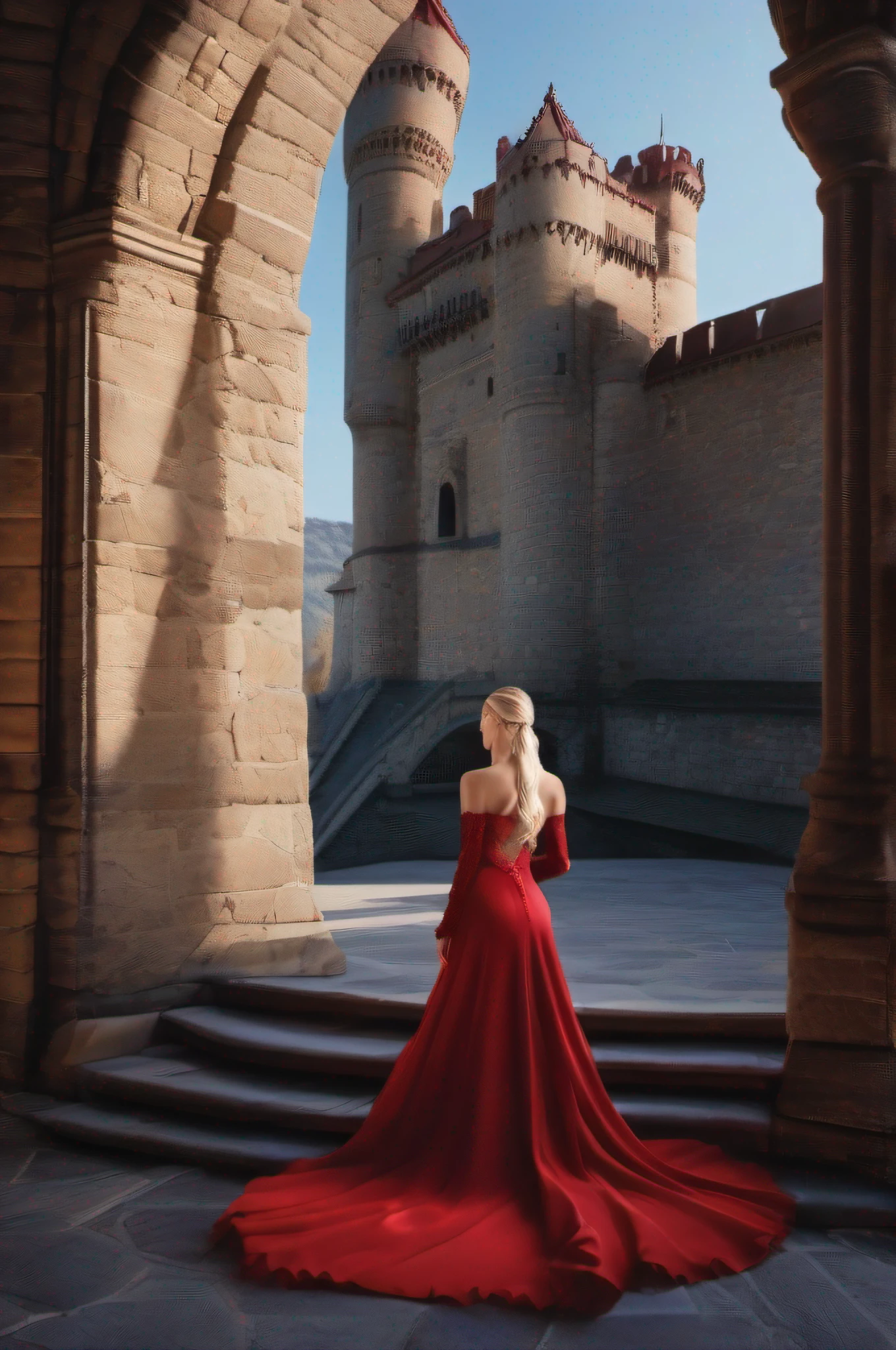 Create an hyper realistic 8k blonde queen, with a square jaw, short forehead, thin crooked to left nose, wearing a red dress and grabing a red sword in front of her castle meanwhile a blue dragon is passing by