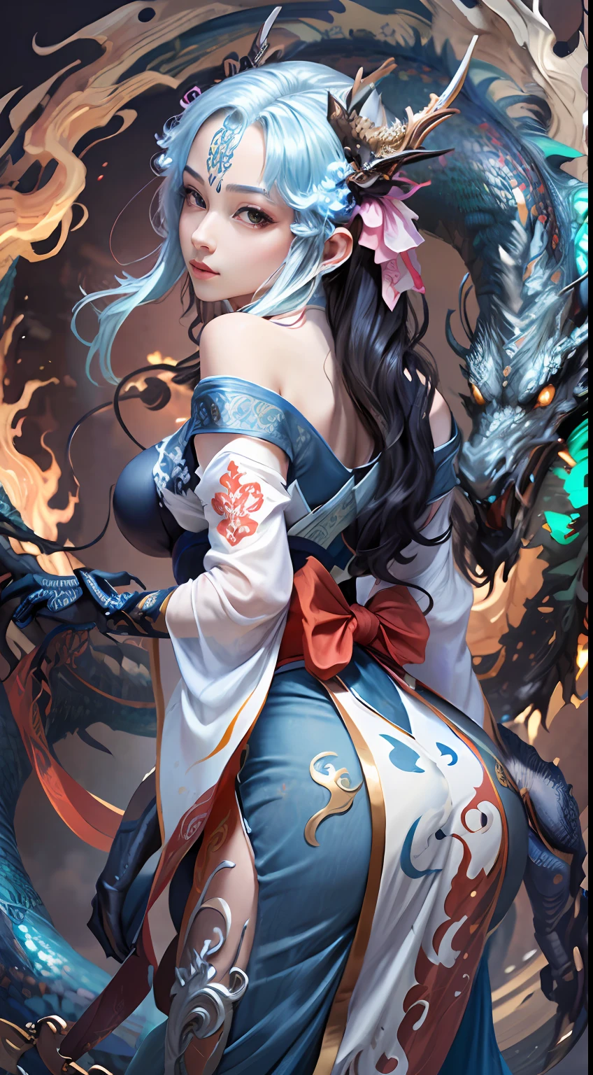 Zhong Fenghua, gorgeous hanfu, official art, Unity 8k wallpaper, super detailed, beautiful beauty, masterpiece, best quality, (tangled, tangled, tangled), (fractal art: 1.4), (character center: 1.3), 1 girl, dragon rape girl, dragon foot inserted into ass, back in ,dragon foot pierced ass, shocking domineering chinese dragon, detailed dragon head, black hair, long ponytail, Chinese, off-the-shoulder,, very detailed, dynamic angle, denim shot, (most beautiful form of chaos), ethereal, (bright colors), oc , (half: 1.2), China, (Thangka Feitian: 1.5), (Ribbon: 1.3), (Dream: 1.5), (Hanfu: 1.5), Chinese dragon, Chinese phoenix, (smile: 0.5), (Chinese god), (masterpiece, top quality, best quality, ultimate detail, highest detail, official art, beauty and aesthetics: 1.2), golden ratio, full composition