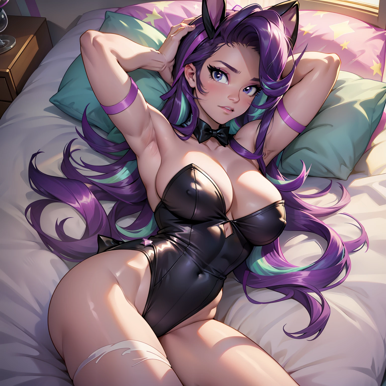 Starlight Glimmer, Starlight Glimmer from My Little Pony, Starlight Glimmer as Girl, Long Hair, Luxurious Hair, Lush Hair, Lying on the Bed, Big Breasts, Bulky Breasts, Lush Breasts, Playboy bunny, bunny suit, bunny ears, Legs Spread, leotard