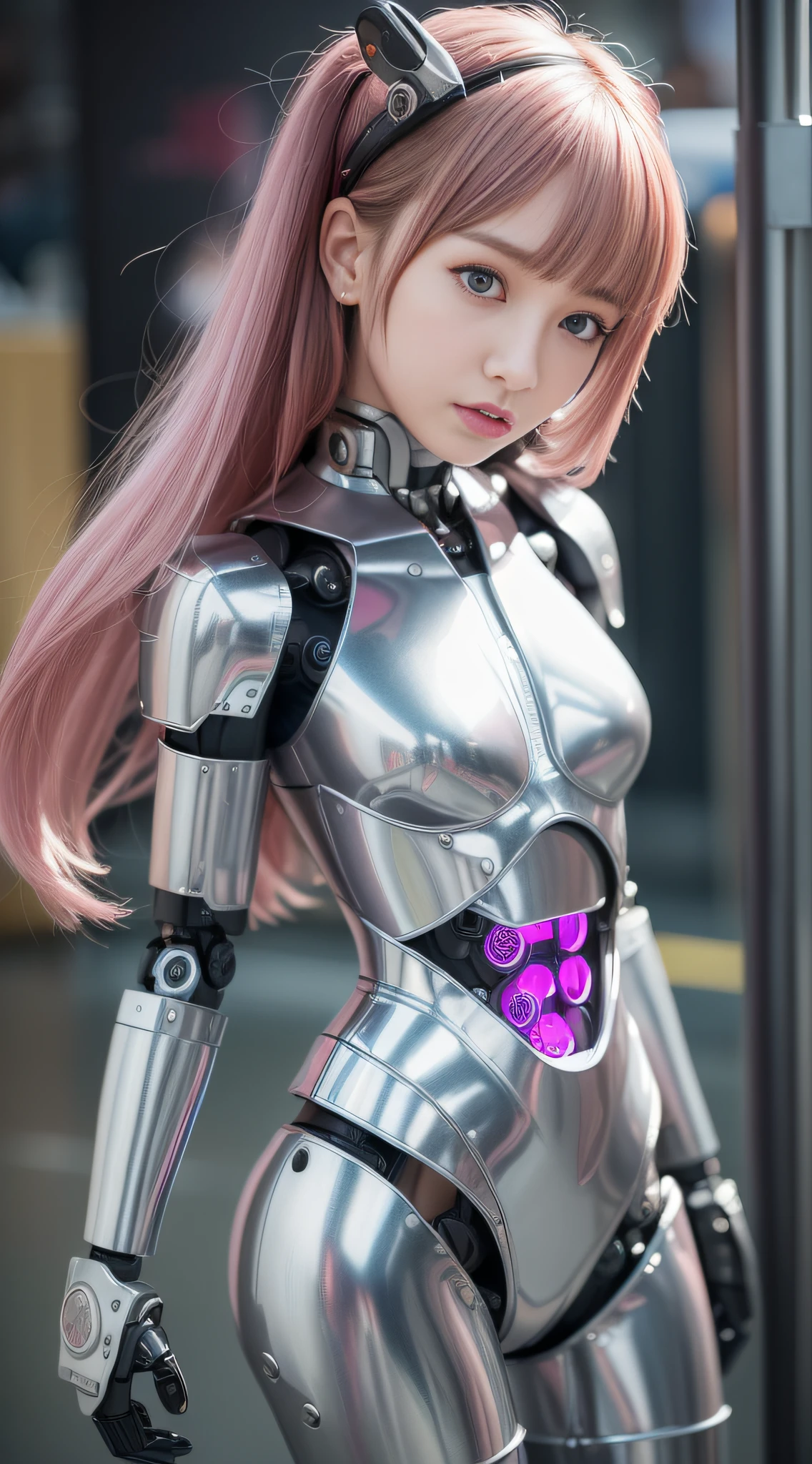 (Photorealsitic:1.4)、Onegirl、(top-quality),(hyperdetailed face)、(Super well-formed face)、((Robot Parts))、(Cyborg girl)、(pink there)、(Burgundy)、(metalic)、(fullllbody)、(sexy  pose)、(Slender body)、(tits out)、(Model body type)、(mecha exposure)、(akihabara)、(is looking at the camera)、(A dark-haired)、(９Head and body)、(a small face)、(Idol)、(front facing)、(is standing)、(Photo session)、(Looks sad)、(Cyborg girl in silver satin dress)、(sleeve less)、(a miniskirt)、(Ｋ－ＰＯＰthe wind)