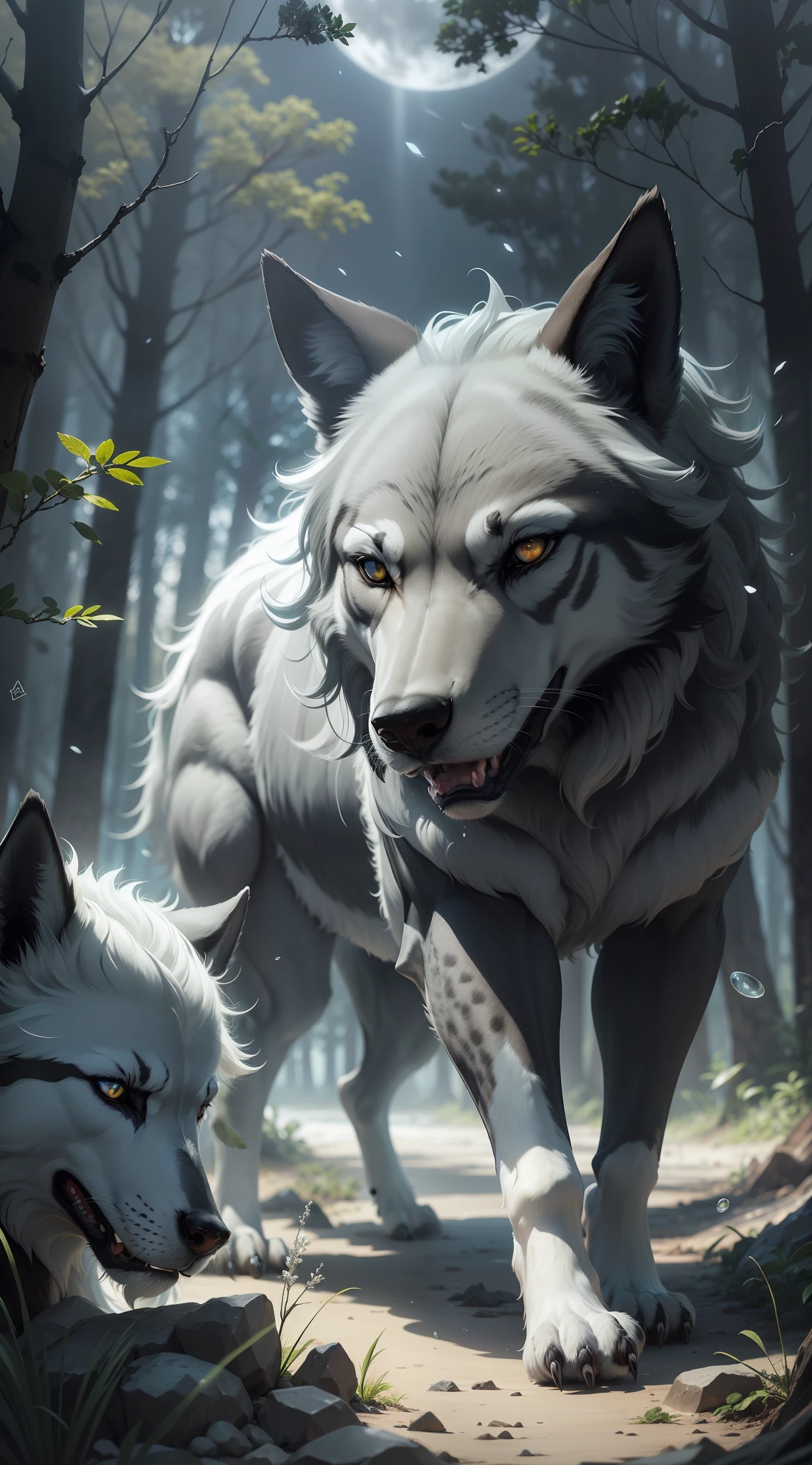 Fotorrealista imagem aberta) Super lobo protedor da alcateia, "lobo de cor preta olhos azuis brilhantes." Matilha canina de lobos, ( lua cheia, floresta noturna) "cor preto"