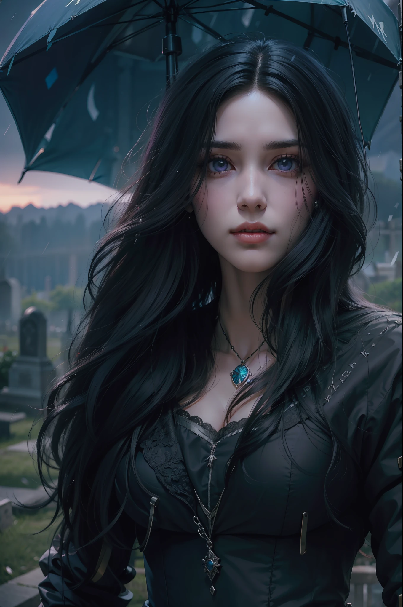 Beautiful woman reminiscent of Yennefer from The Witcher with long black hair and violet eyes bright as constellations, obra prima, ultra qualidade, 8k, cabelos caindo sobre seus ombros, in the background a cemetery, vestindo jaqueta e regata, chuva caindo sobre seus cabelos