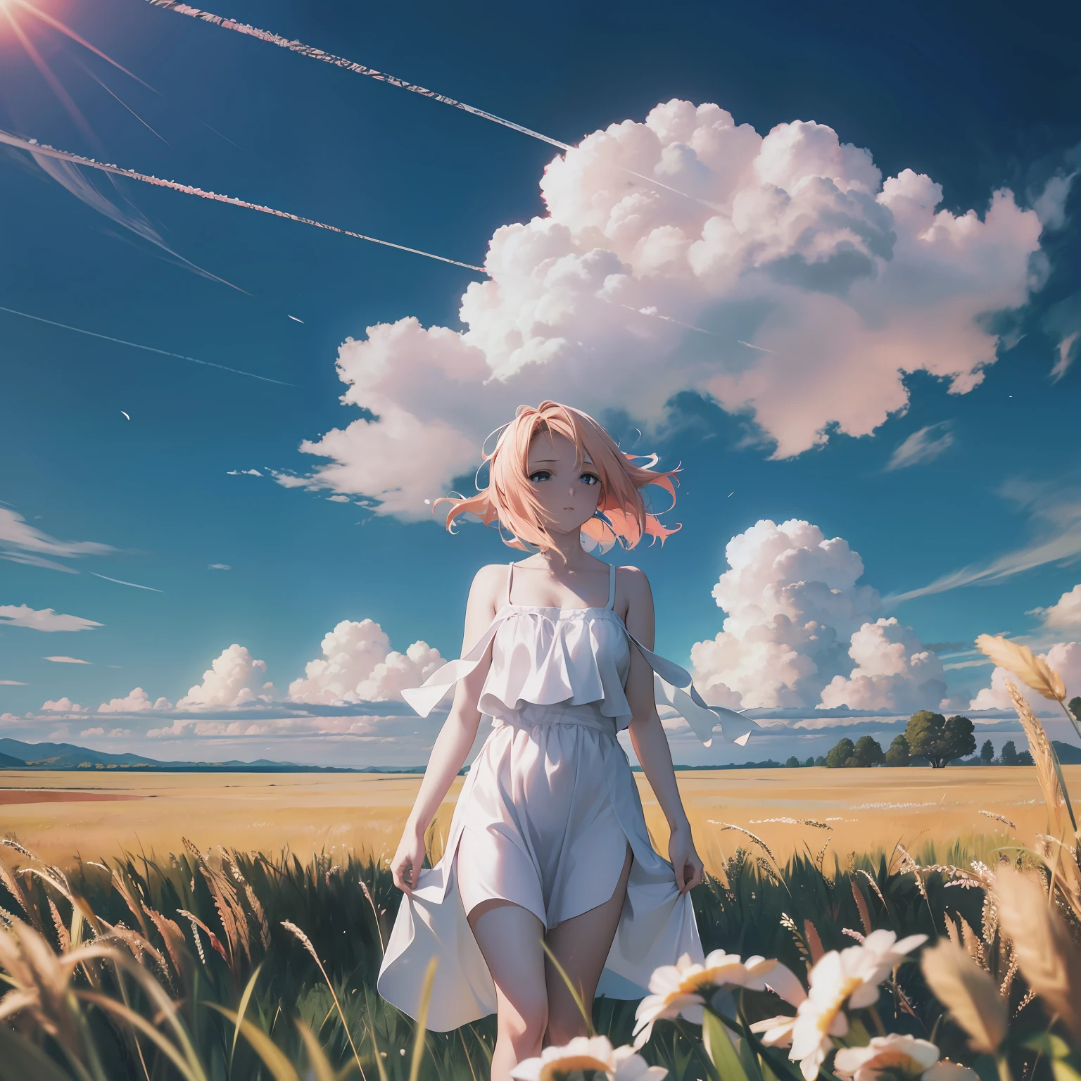 There is a woman standing in a field of tall grass, Papel de parede anime 4k, estilo anime 4K, Anime Art Wallpaper 8K, lindas nuvens inchadas. anime, Anime Wallpaper 4k, 4k anime wallpapers, nuvens da menina, nuvens de anime, 4 k manga wallpaper, estilo anime. 8k, Anime Art Wallpaper 4K, Anime Art Wallpaper 4K