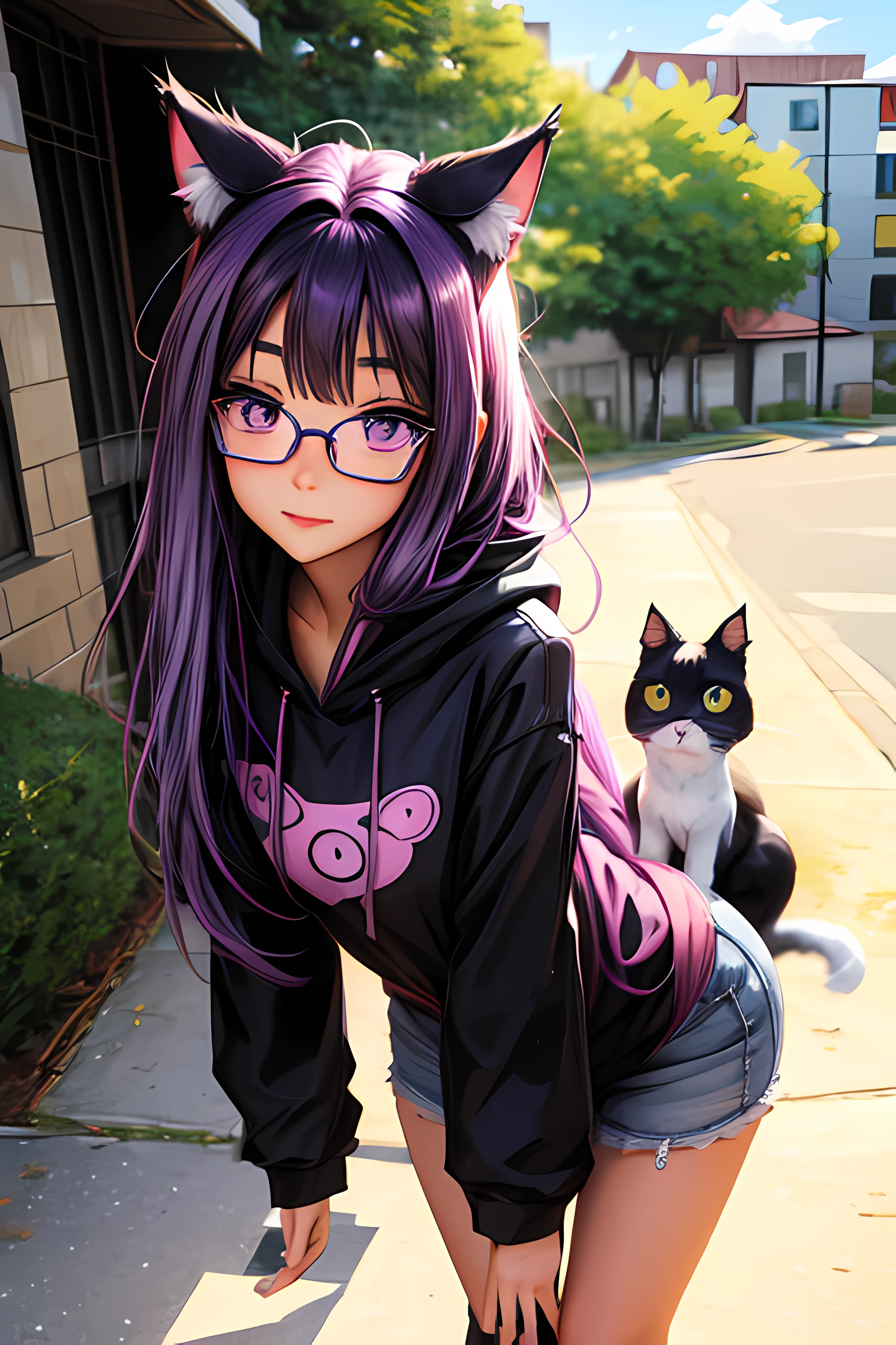 Anime girl with purple hair and glasses, that holds a heart, Anime Moe Kunststil, Anime girl with cat ears, Anime Catgirl, im Anime-Stil, niedlich Anime Catgirl, im Anime-Stil, Cat-Eared Girl, nekomimi, Holo is a wolf girl, Anime-Katze, IG Studios Anime-Stil, Charakter im Anime-Stil, Hochwertiger Anime-Artstyle, schaut in kamera